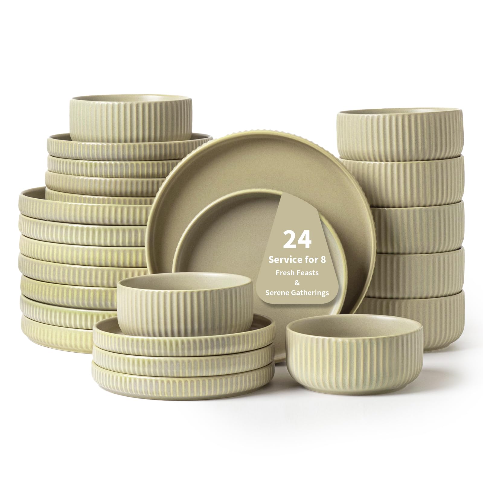 FOBENTA 24 Piece Green Dinnerware Set,Ceramic Plates and Bowls Set for 8 - Calm Dish Set for Soft Gatherings, Wellness Homes & E