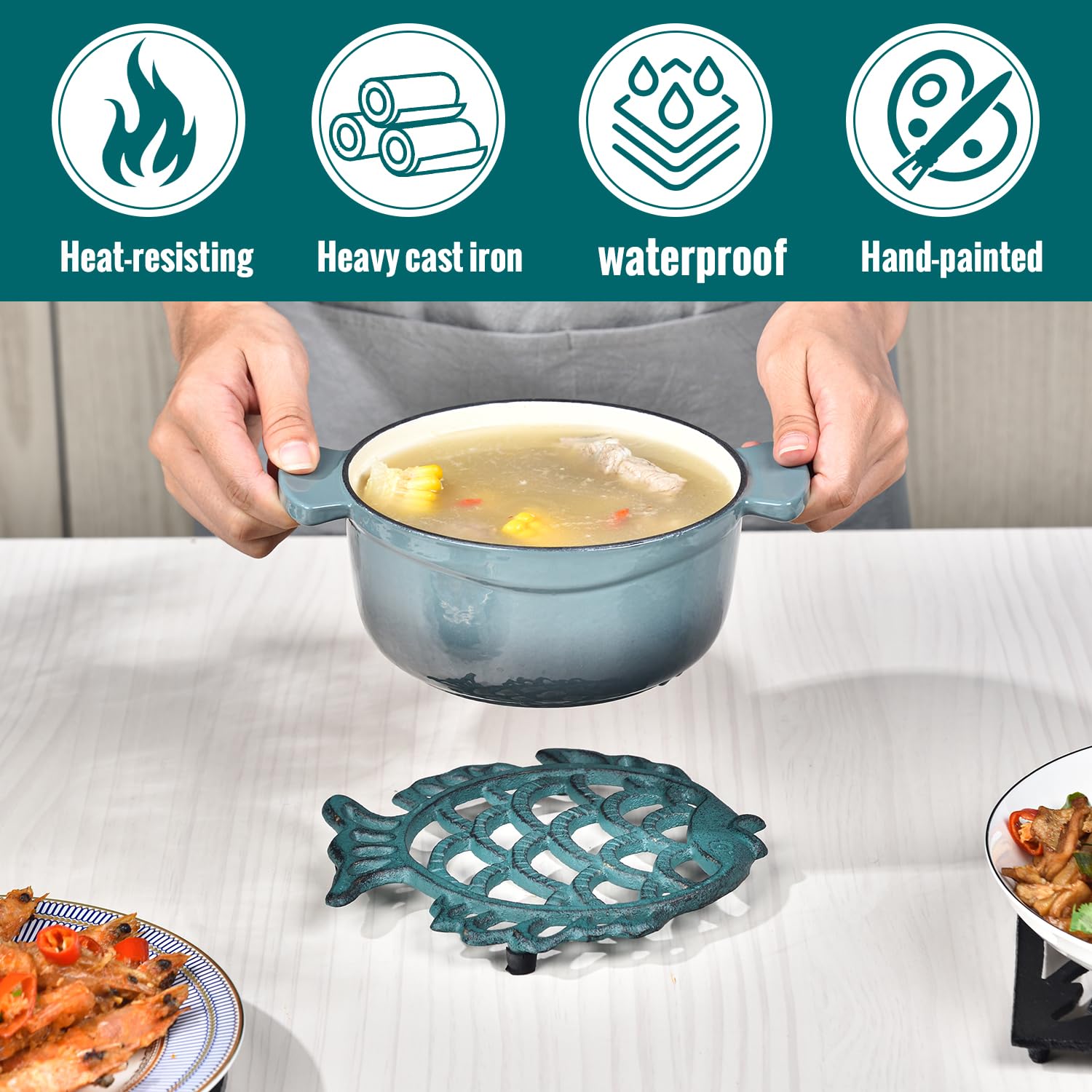 Sungmor Cast Iron Cute Fish Trivet For Wood Stove - Dia-7.5 Inch Dark Green Finish - Rustproof Round Stands For Hot Pots/Dishes/