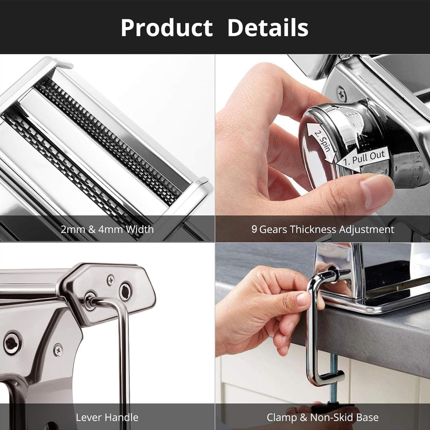 Pasta Maker, Metluck Stainless Steel Pasta Machine Manual Roller Pasta Maker With 9 Thickness Settings For Spaghetti Linguine Fe