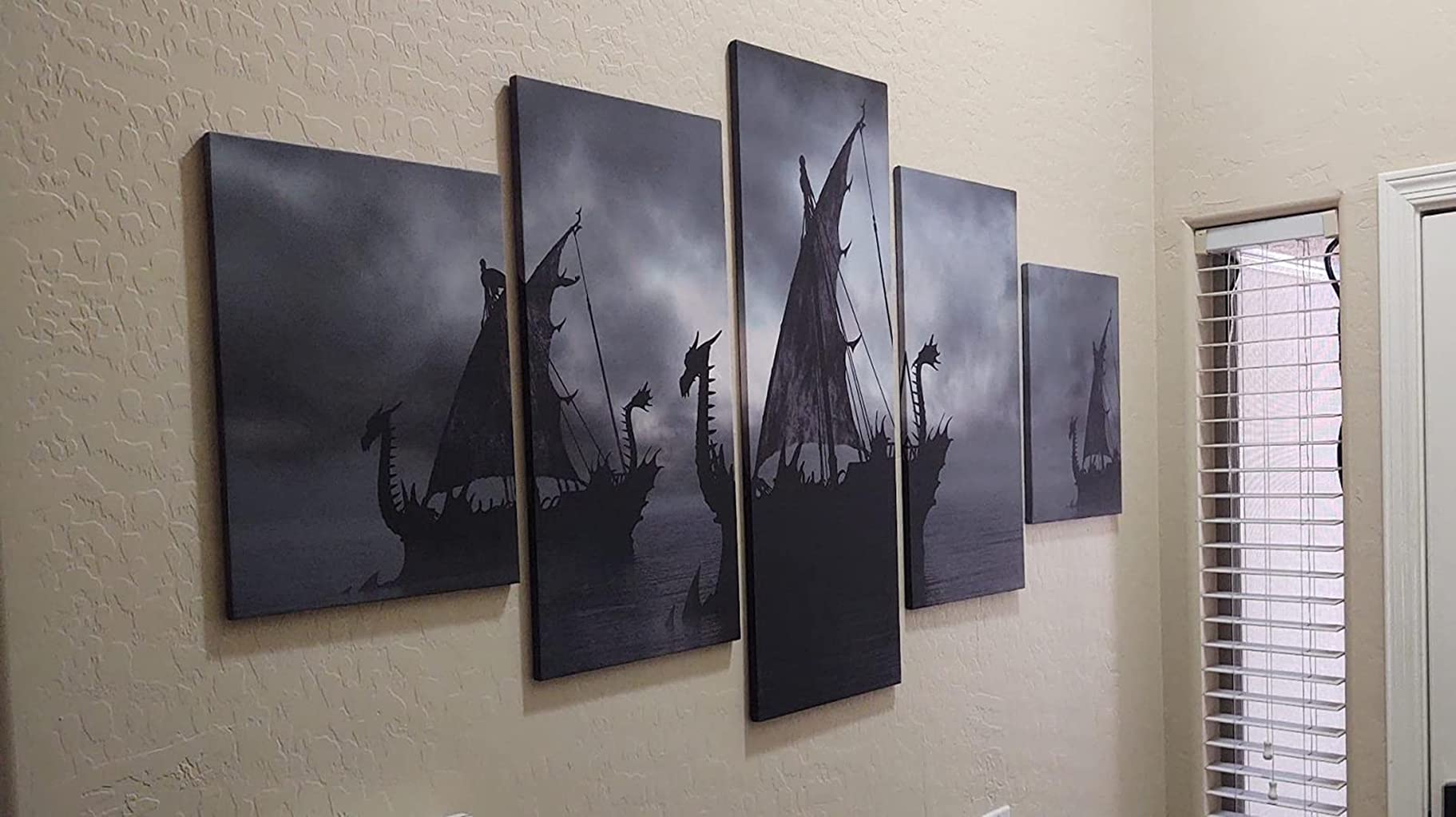 Norse Decor Black And White Painting Vikings Ship Artwork Fantasy Sailing Boat Pictures For Living Room Home 5 Panel Dragon Canv