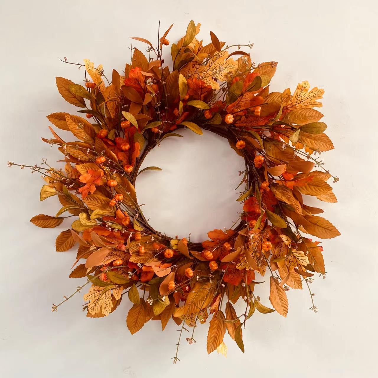 NeoL'artes 20 Inch Fall Wreath Artificial Pumpkin Wreaths for Front Door Porch Autumn Door Wreath with Orange Eucalyptus Leaves 