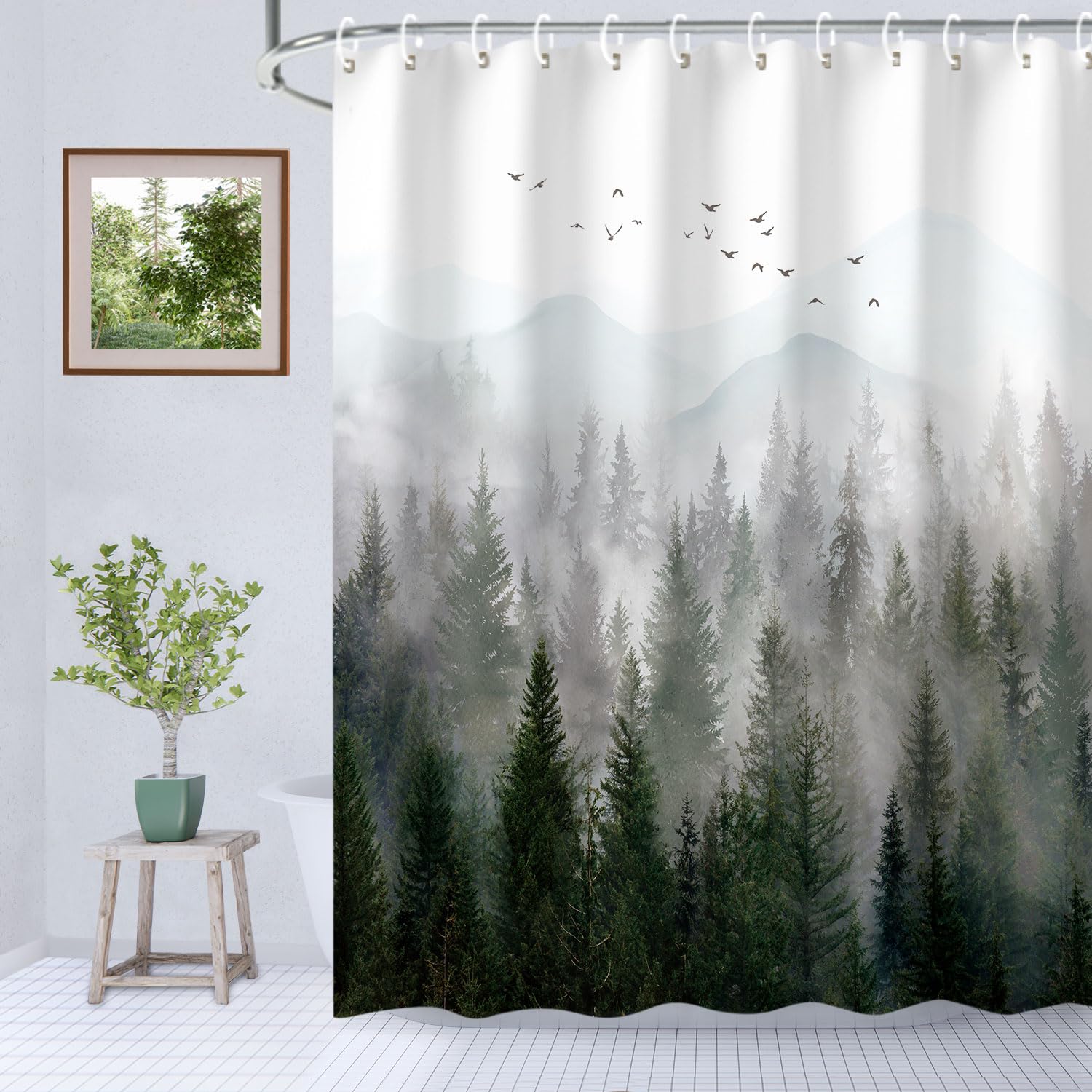 Rosielily Mountain Shower Curtain Misty Forest Tree Foggy Shower Curtain For Bathroom With Hooks Cool Nature Scenery Landscape B