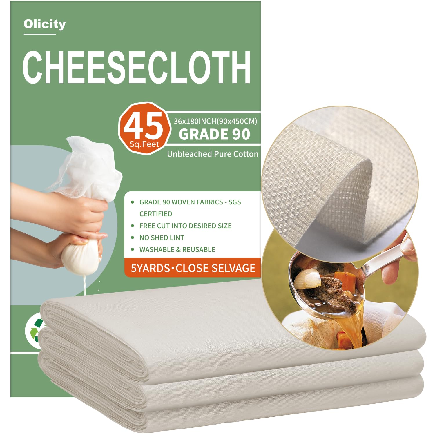 Olicity Cheese Cloths, Grade 90, 45 Sq Feet, Reusable Cheese Cloth with Closed Edges Unbleached Cotton Cheesecloth for Straining