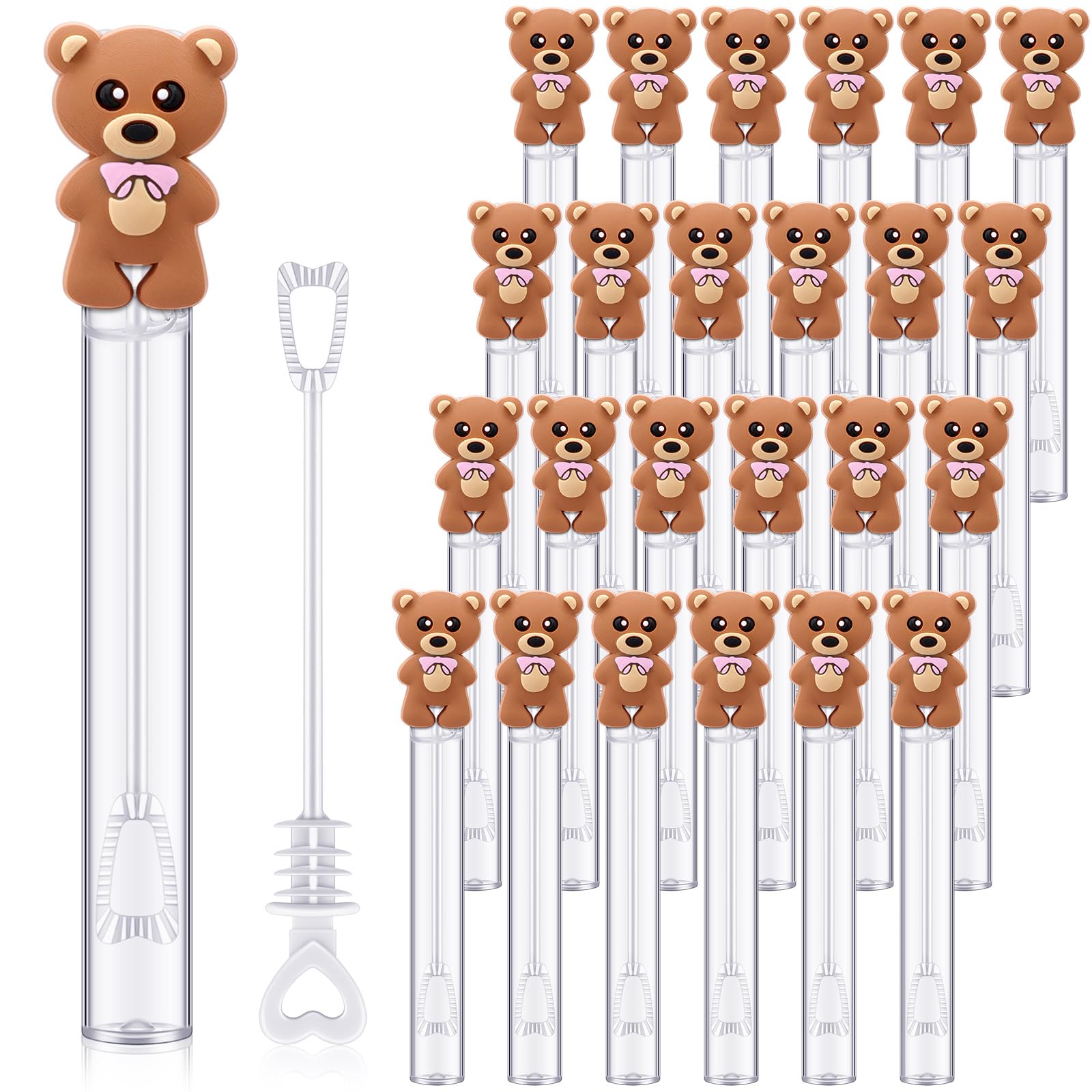 Realspring 24 Pcs Bear Bubble Wands Bulk Mini Bubble Wands for Baby Shower Girls Baptism Bear Theme Party Supplies Summer Birthd