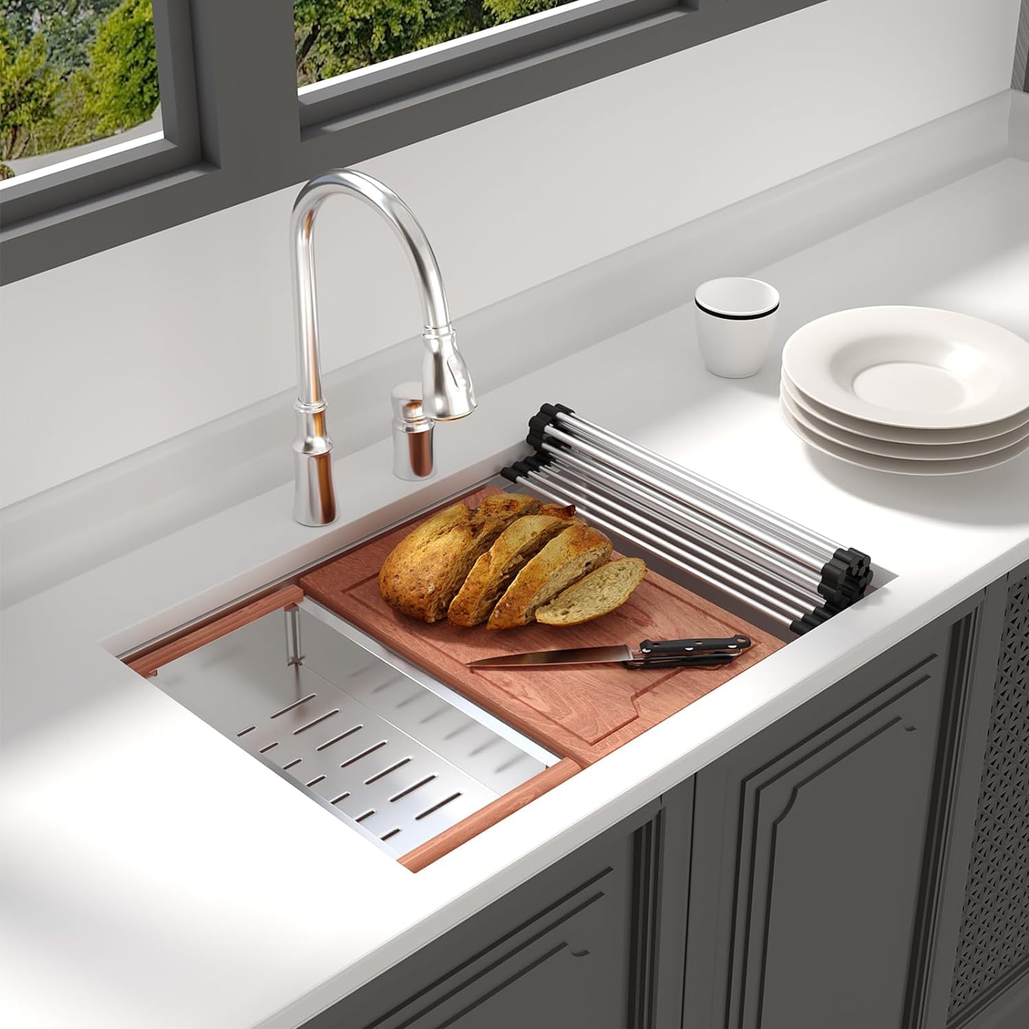 Lordear 28 Undermount Kitchen Sink Stainless Steel 16 Gauge Under Counter Workstation Sink Single Bowl 304 Stainless Steel One B