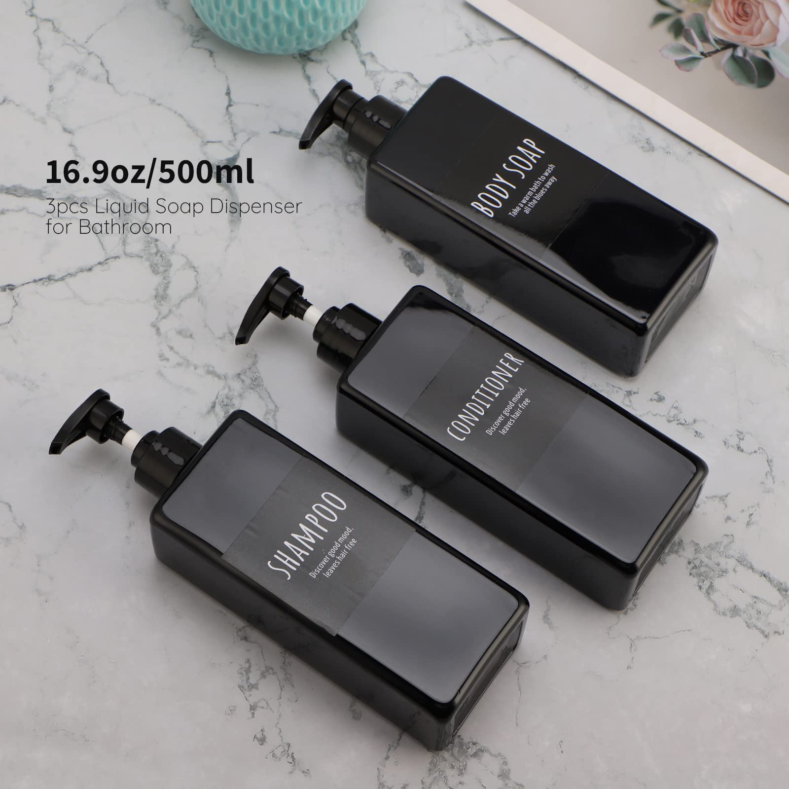Segbeauty Shampoo and Conditioner Dispenser Refillable  3pcs 16.9oz Shower Bottles Soap Dispenser with Labels  500ml Empty Plastic Square Pump Bottle Dispenser Body Wash Containers for Bathroom Black