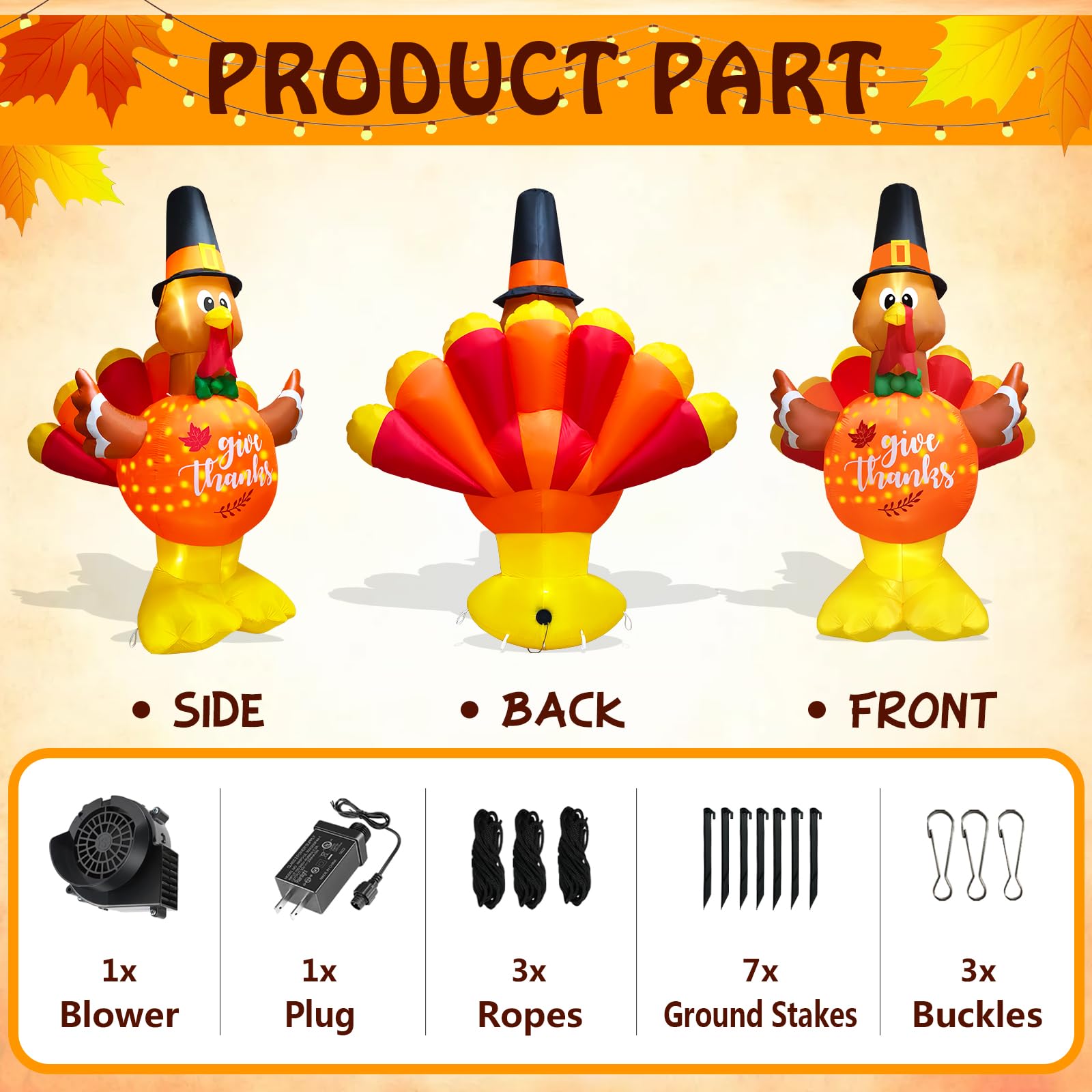inslife 10FT Tall Thanksgiving Inflatables Turkey with Pumpkin Belly, Blow Up Turkey inflatables Built-in Rotating Snowflake Lig