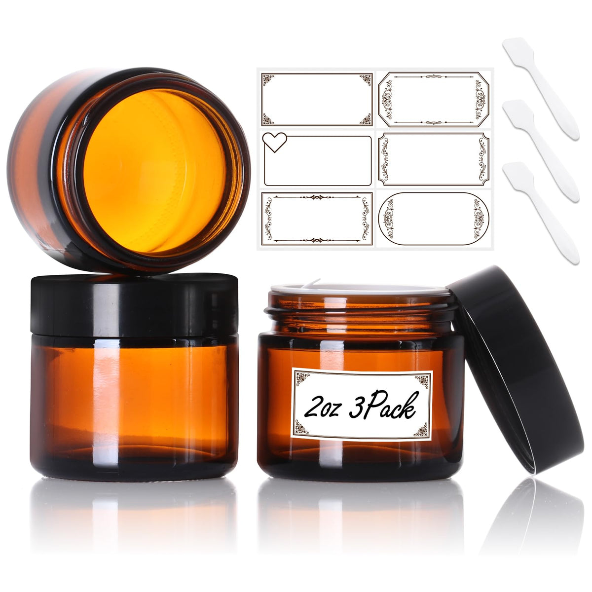 3 Pack 2 Oz Amber Glass Jars With Lids, Cosmetic Jars With Inner Liners And Black Lids, Lotion Jars, Candle Making Jars For Loti