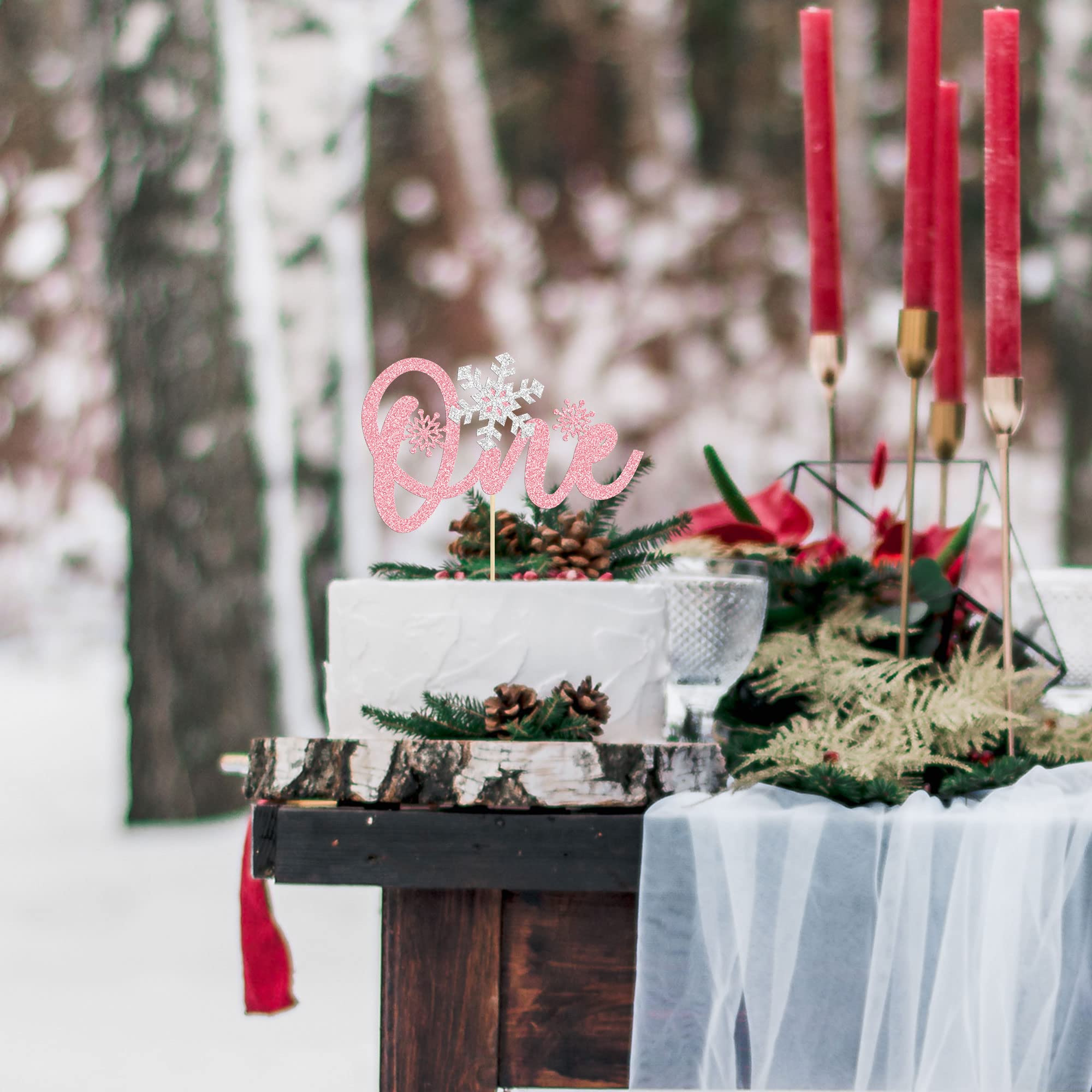 1 Pack Snowflake One Cake Topper Pink Glitter 1st Birthday Party Cake Pick Decorations for Winter Snowflake Theme Baby Shower Kids First Birthday Party Supplies