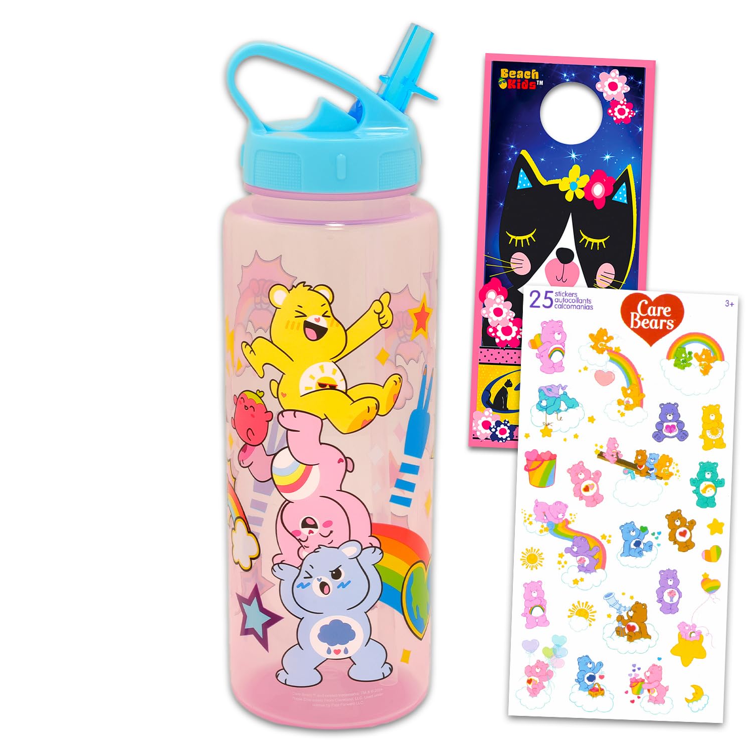 Care Bears Reusable Water Bottle Set  Bundle Plastic 30oz Water Bottle with Spout for Home, School, Sports, Plus Sticker, More 