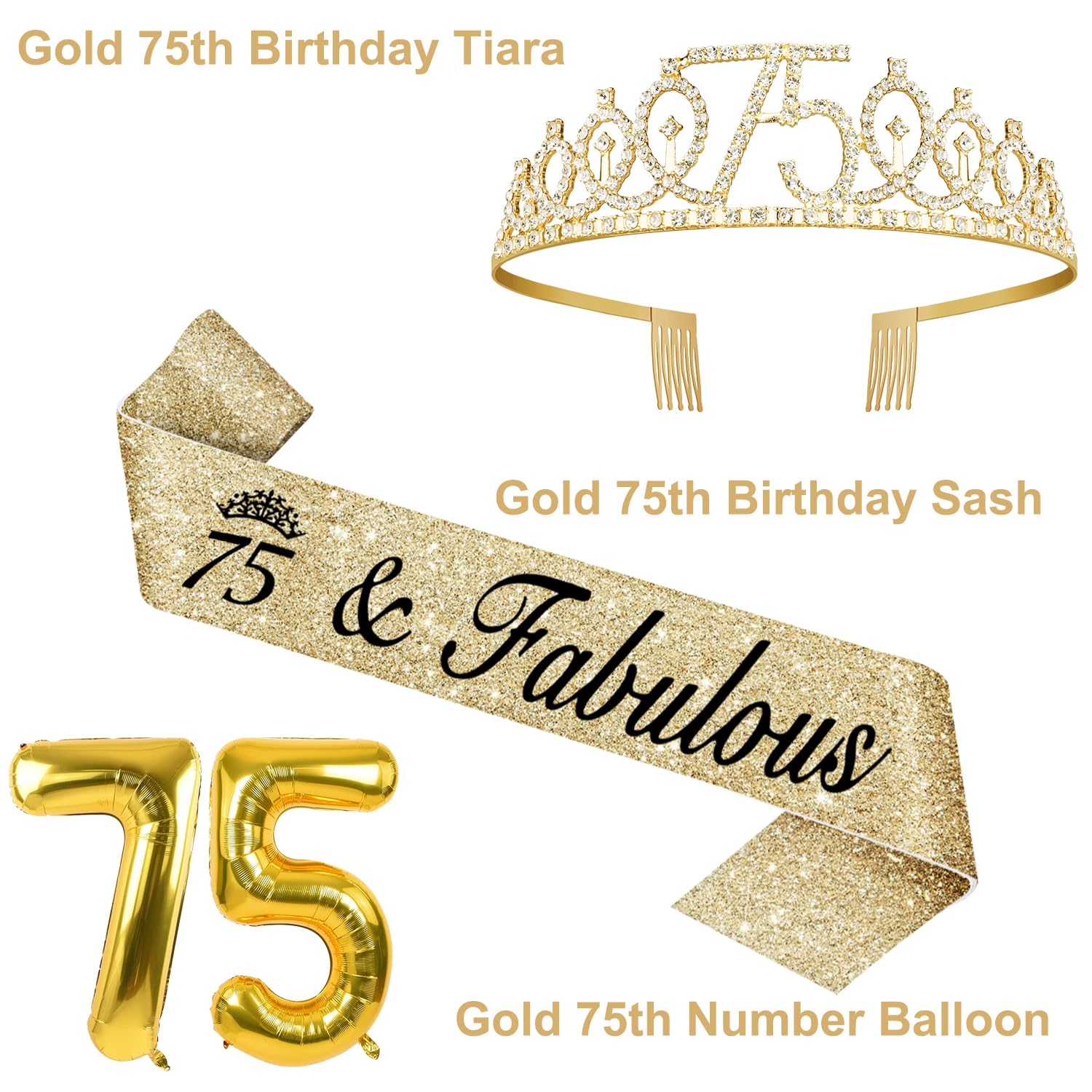 75Th Birthday Decorations Women With 75Th Birthday Sash And Tiara, Happy 75Th Birthday Cake Toppers, Number 75 Candles, Gold 75