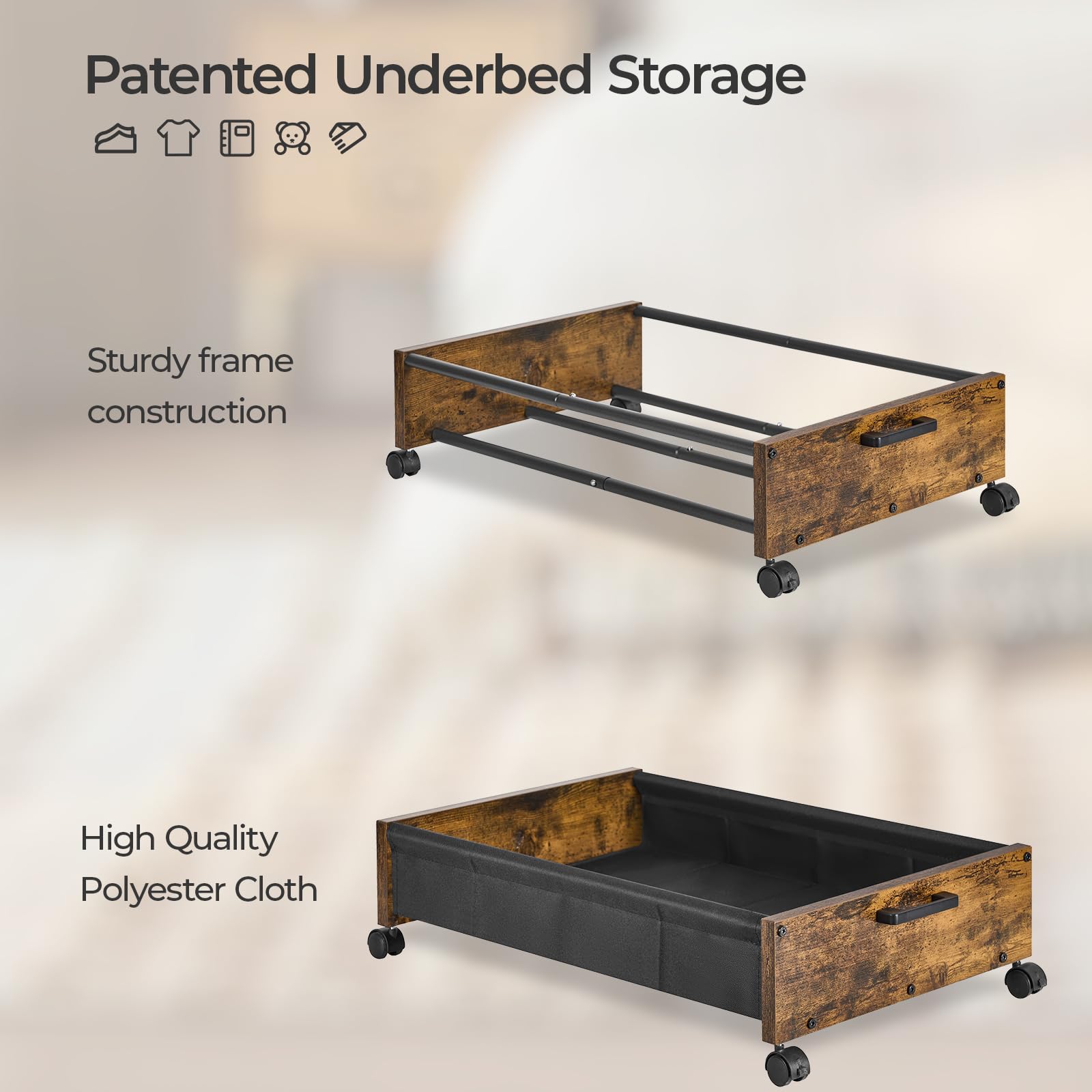 FOUCSSOMEI Under Bed Storage with Wheels, Under Bed Drawers on Wheels, 2 Packs, Wooden Under Bed Shoe Storage, Metal Frame, Heav