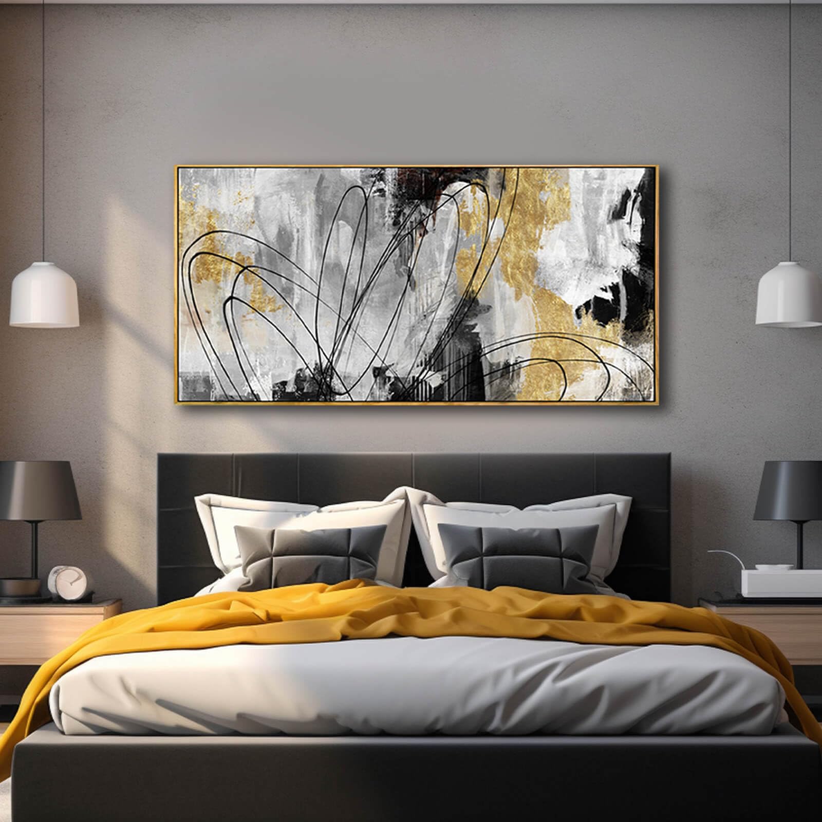 Yjyart Abstract Wall Art Office Decor Gold Wall Decor For Living Room Black And White Artwork Line Art Frame Room Decor For Bedr