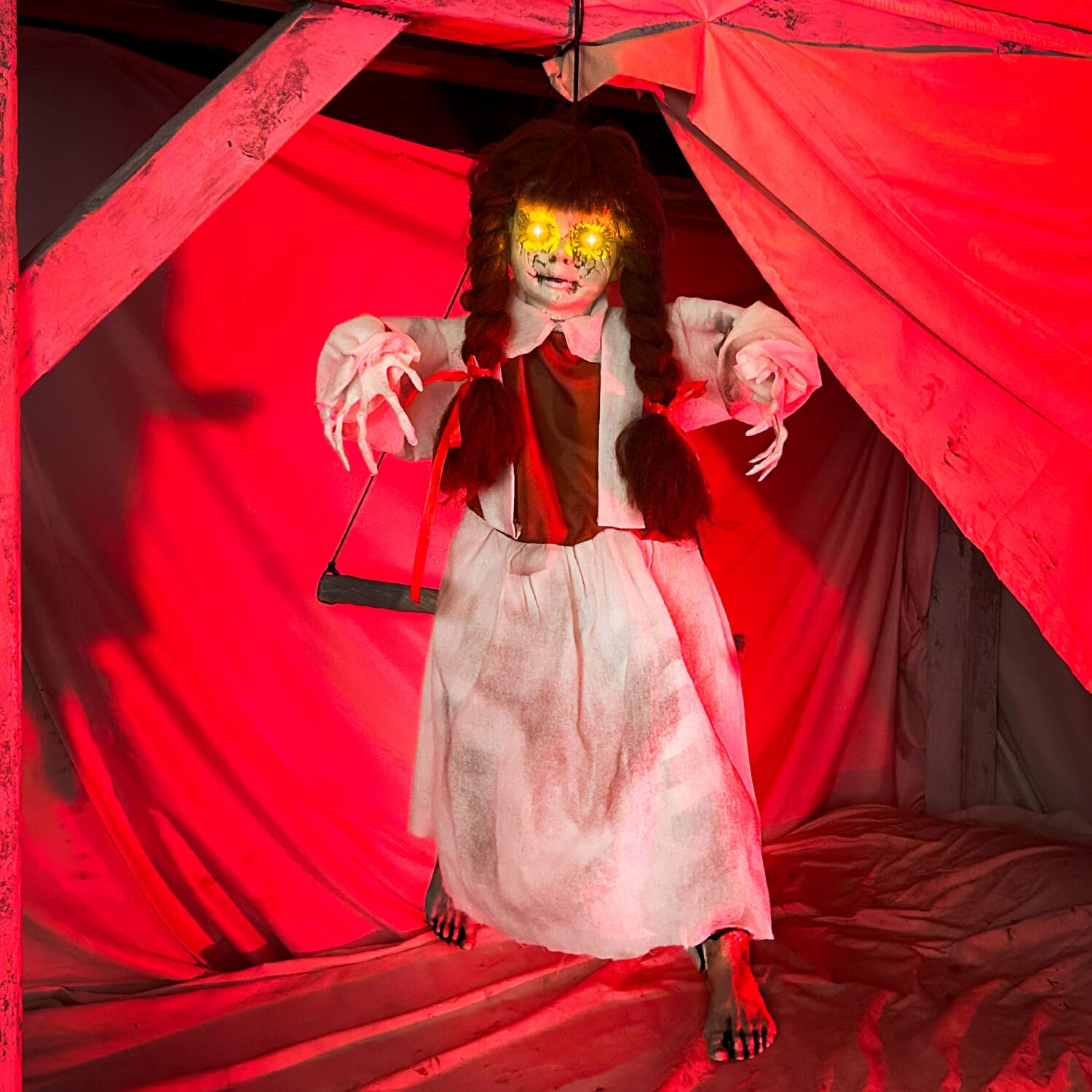 Haunted Hill Farm Animatronic Scary Talking Haunted Doll on Swing with Touch Activated Lights and Sound, Battery-Operated Indoor