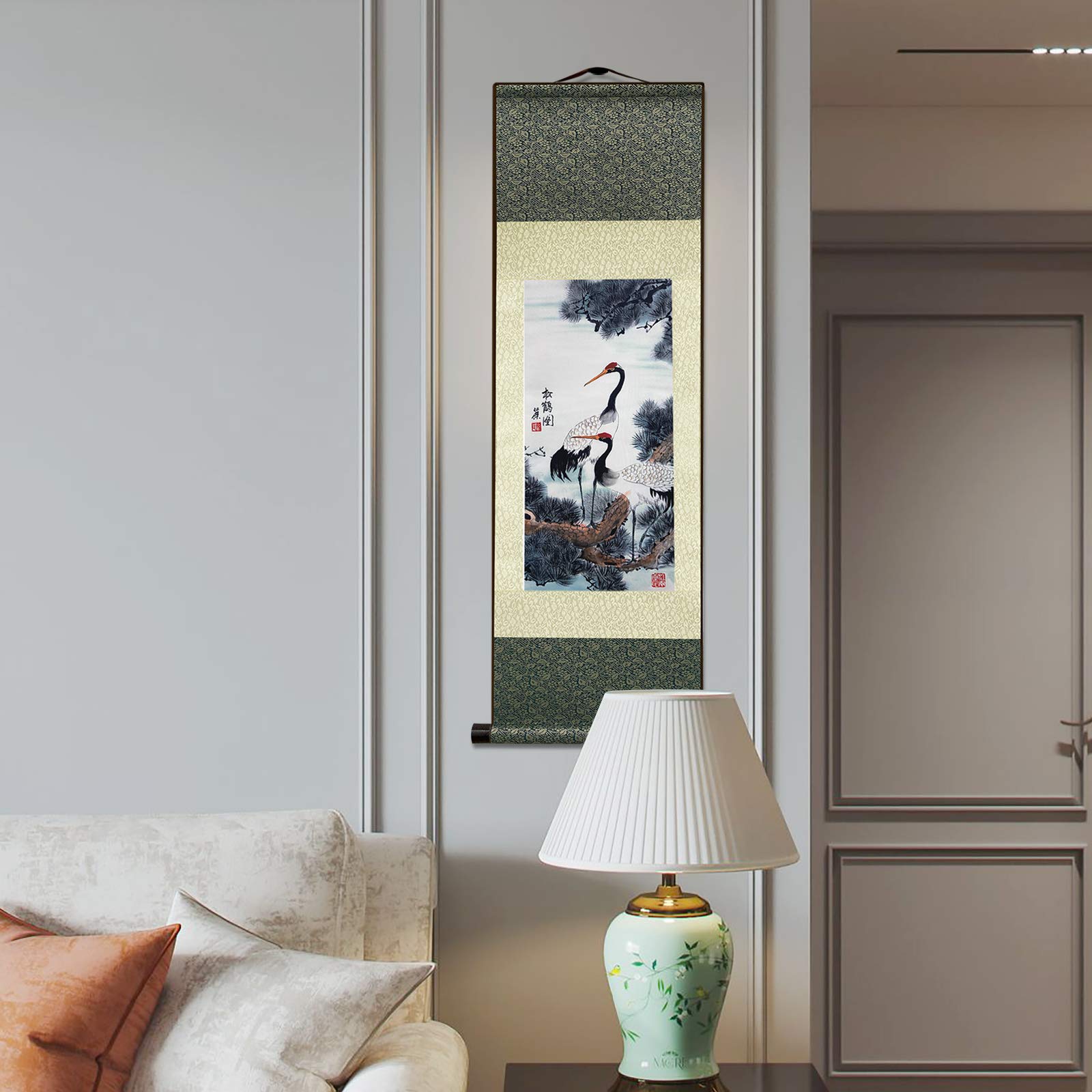 AtfArt Asian Wall Silk Scrolls Decor Beautiful Painting White Crane - Red Crowned Crane - Grus Japonensis Oriental Decor Chinese Art Wall Scroll Wall Hanging Painting Scroll (39 x 12 in)