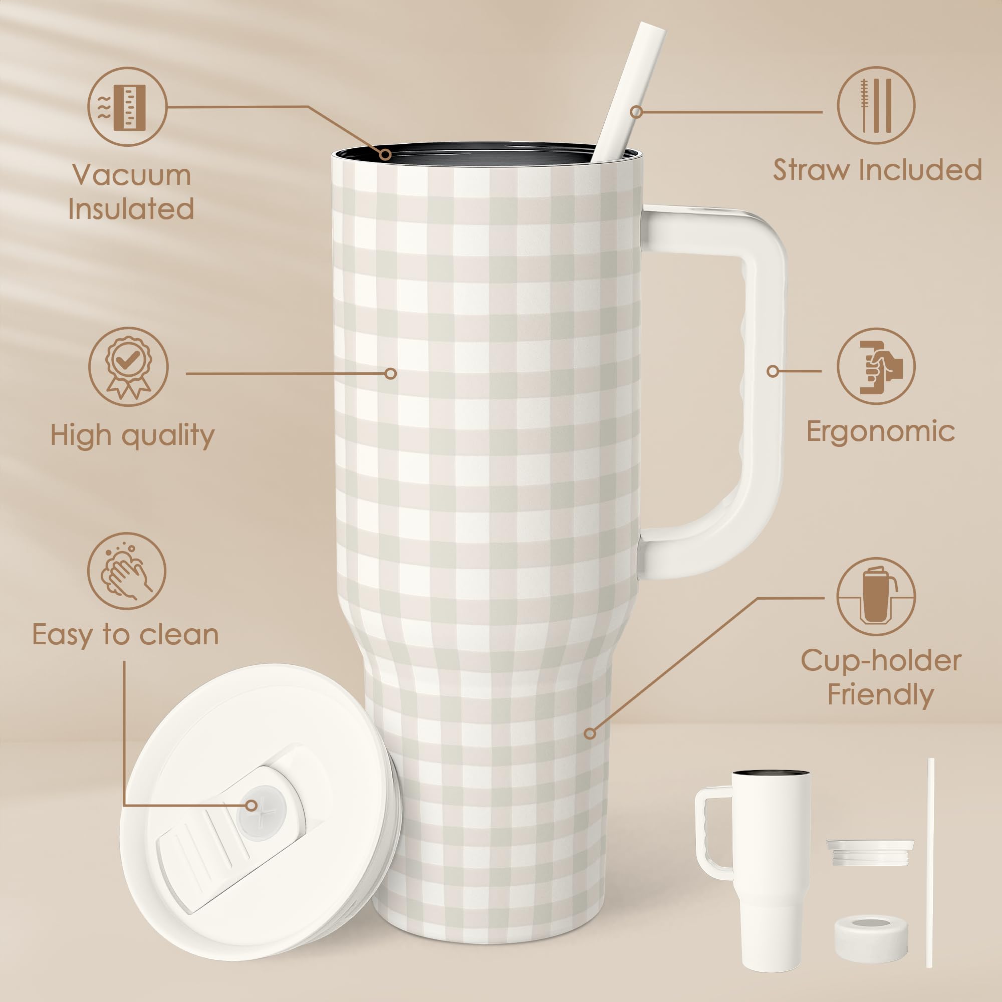 Grey Gingham 40oz Slider Tumbler with Handle and Straw - Insulated Stainless Steel Travel Coffee Mug for Women Girls, Gift for B