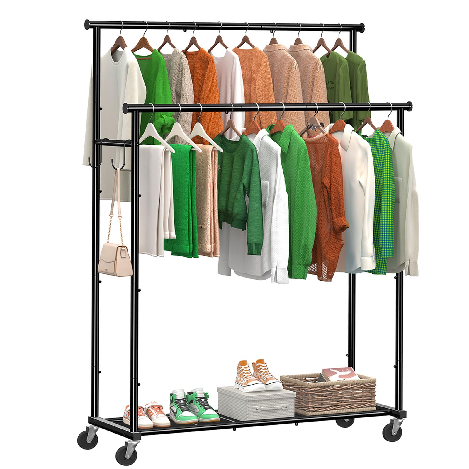 Ekisemio Double Rod Clothing Garment Rack On Wheels, 45 Inches Clothes Rack With Mesh Bottom Shelf For Hanging Clothes, Heavy Du