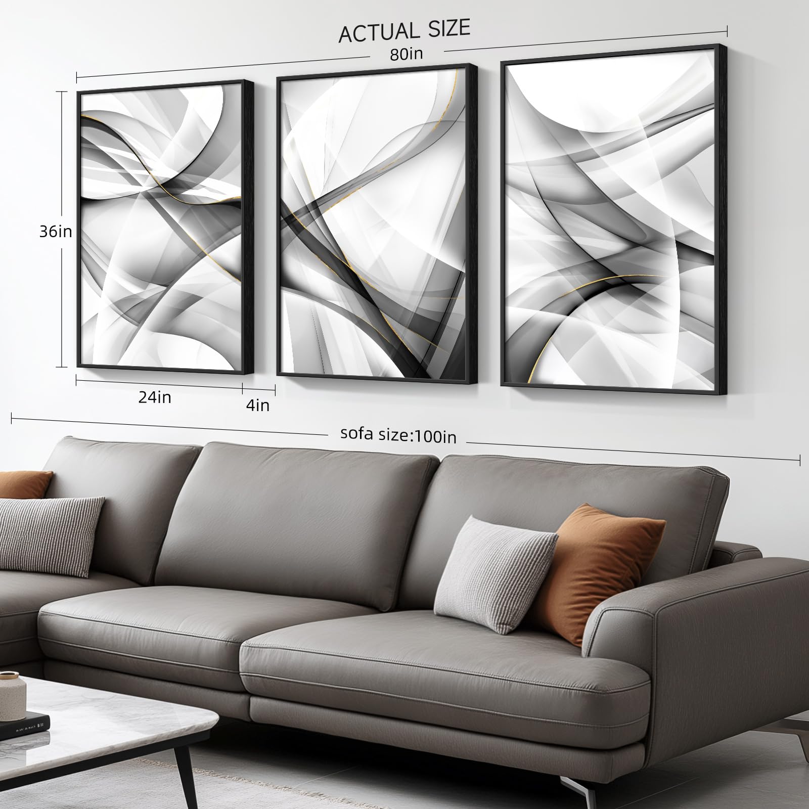 Large Framed Black And White Gold Abstract Lines Wall Art For Living Room, Set Of 3 Piece Canvas Paintings Artwork For Walls, Mo