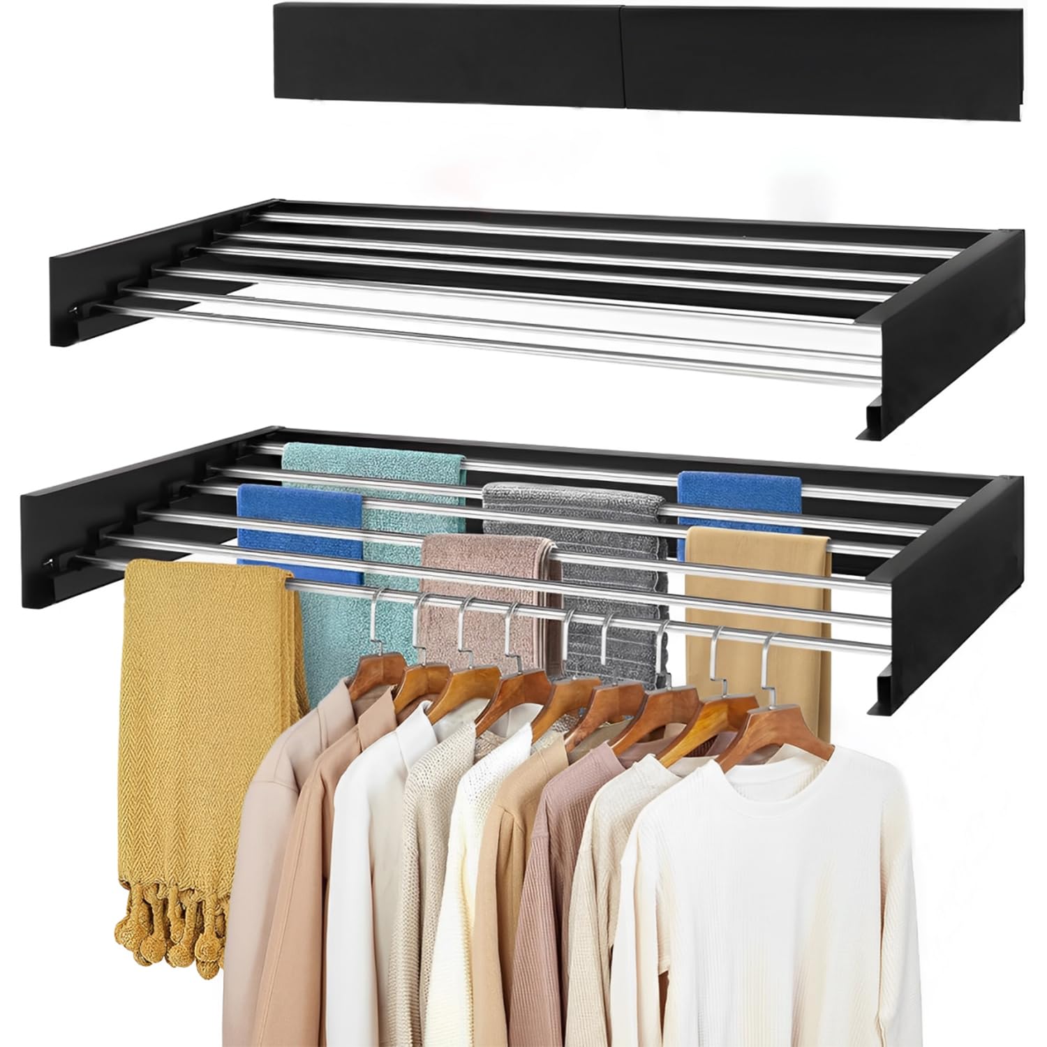 Homifly Foldable Wall Mount Clothes Hanger/Cloth Drying Stand For Balcony With 5 Rods/Collapsible Clothes Drying Rack For Laundr