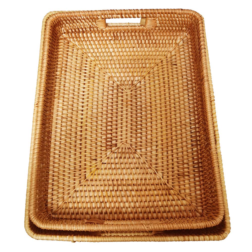 I-Lan 2 Pack Oversize Deep Natural Wicker Serving Tray With Handles And 2.3    Wall, 16 Inch Rectangular Rattan Office Tray, Dec