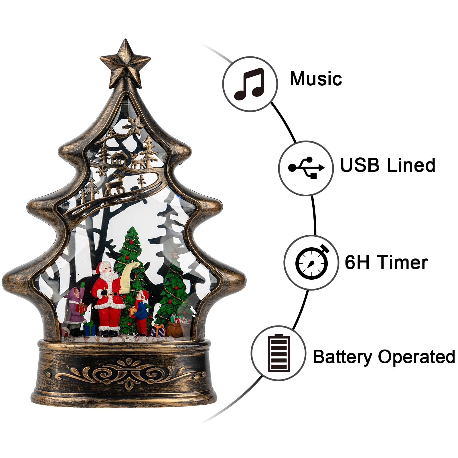 Christmas Snow Globe Lantern Water Glittering Santa s List with Music& Timer, USB Lined/Battery Operated Lighted Lantern for Chr