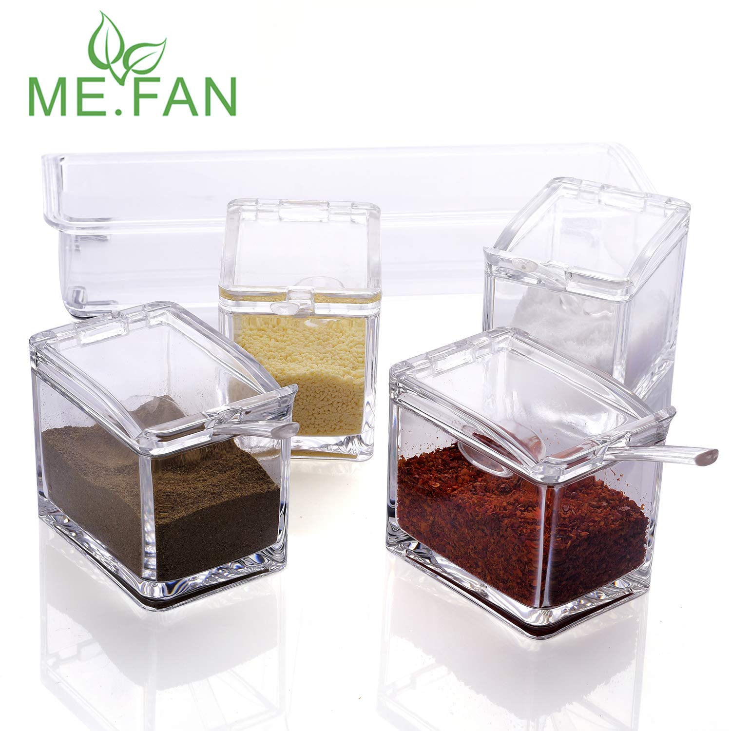 ME.FAN Clear Seasoning Rack Spice Pots - 4 Piece Acrylic Seasoning Box - Storage Container Condiment Jars - Cruet with Cover and