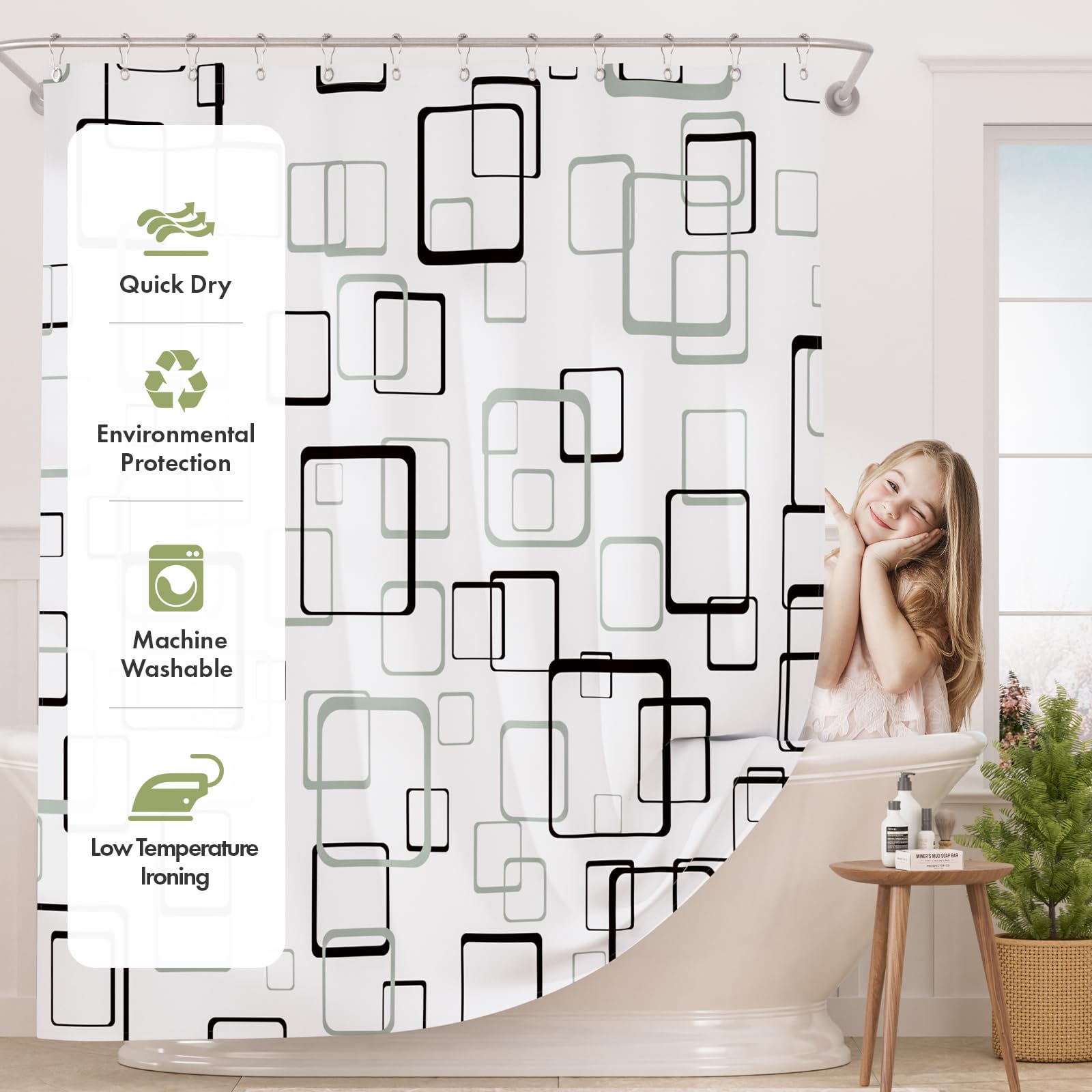 AmazerBath Shower Curtain Grey  Geometric Plaid Cloth Shower Curtain Sets with 12 Shower Curtain Hooks  Washable Fabric White Shower Curtain  Luxury Farmhouse Bathroom Shower Curtain  72x72 Inches