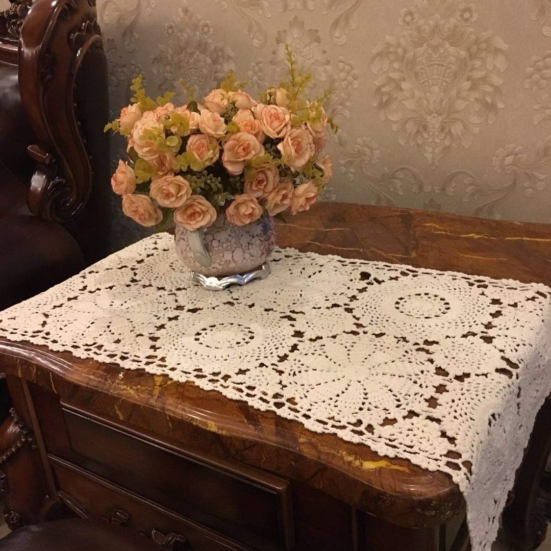 Ustide 2Pc Rustic Floral Table Runner Hand Crochet Table Placemats Beige Cotton Table Doilies Runners,15 Inches X31 Inches