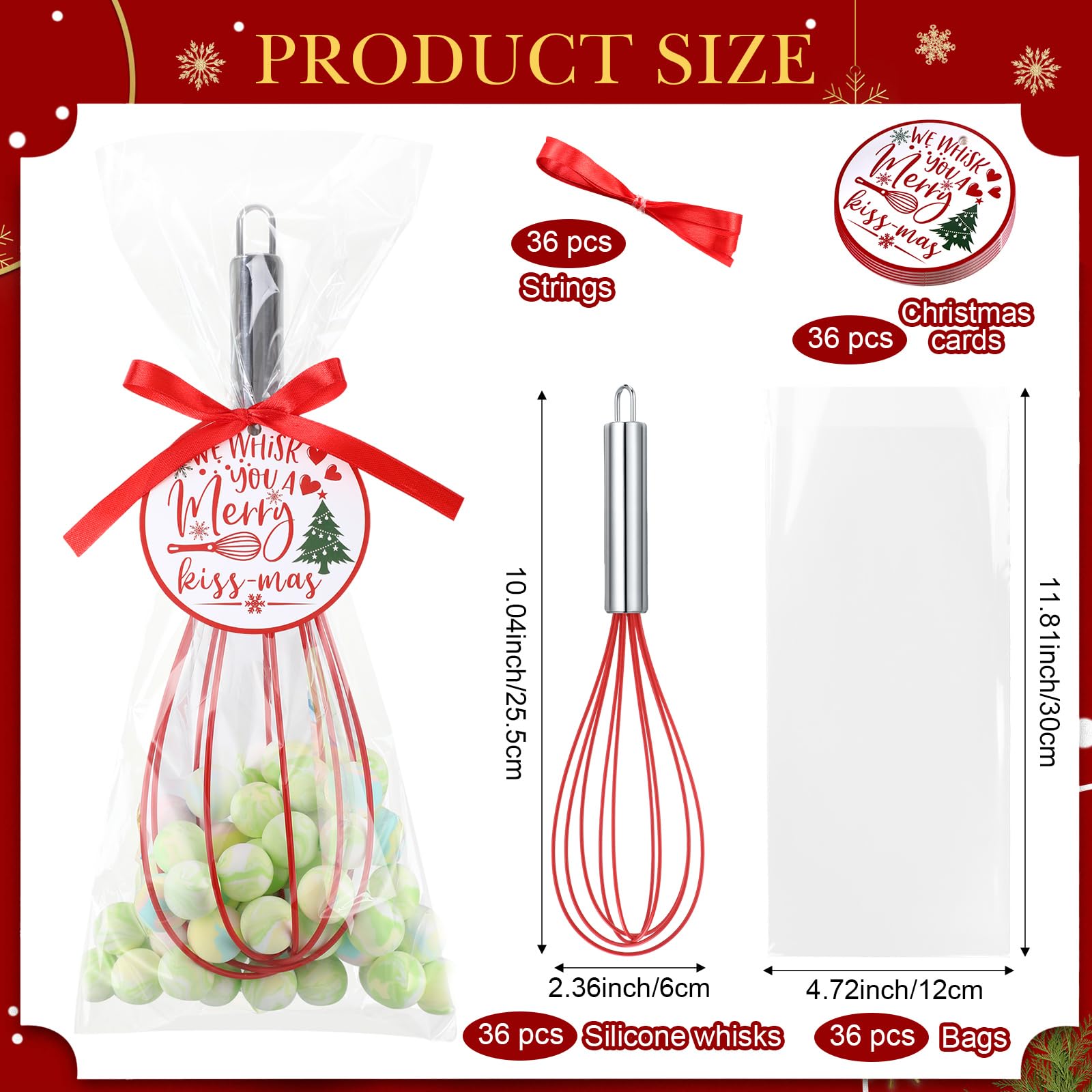 FoldTier 36 Sets 10 Inch Christmas Whisks Gifts DIY Fillable Christmas Tree Ornaments Xmas Colored Silicone Whisks for Cooking H