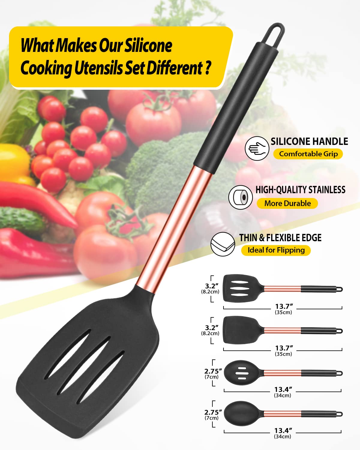 Pack of 4 Silicone Cooking Utensils Set  Non Stick Large Solid Spatulas  Heat Resistant Rose Gold Black Slotted Spoons  Ideal BPA Free Kitchen Turners for Frying  Mixing Serving Draining Turning