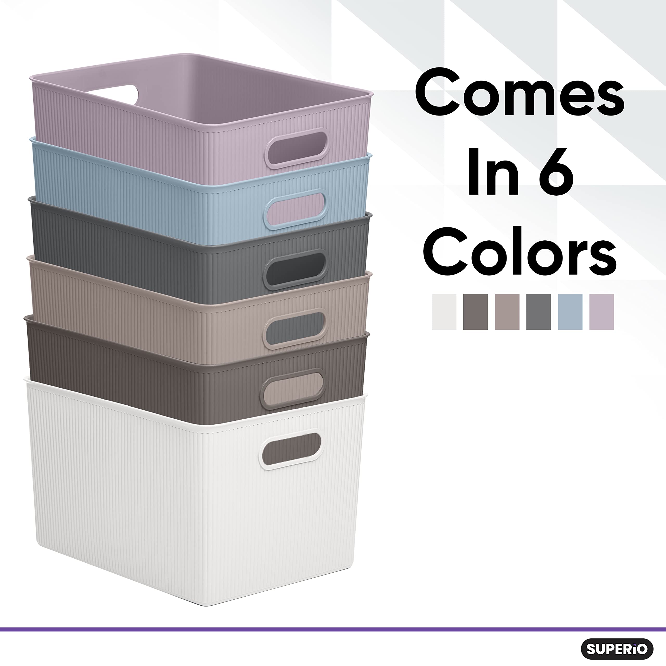 Superio Ribbed Collection - Decorative Plastic Open Home Storage Bins Organizer Baskets, X-Large Lilac Purple (4 Pack) Container