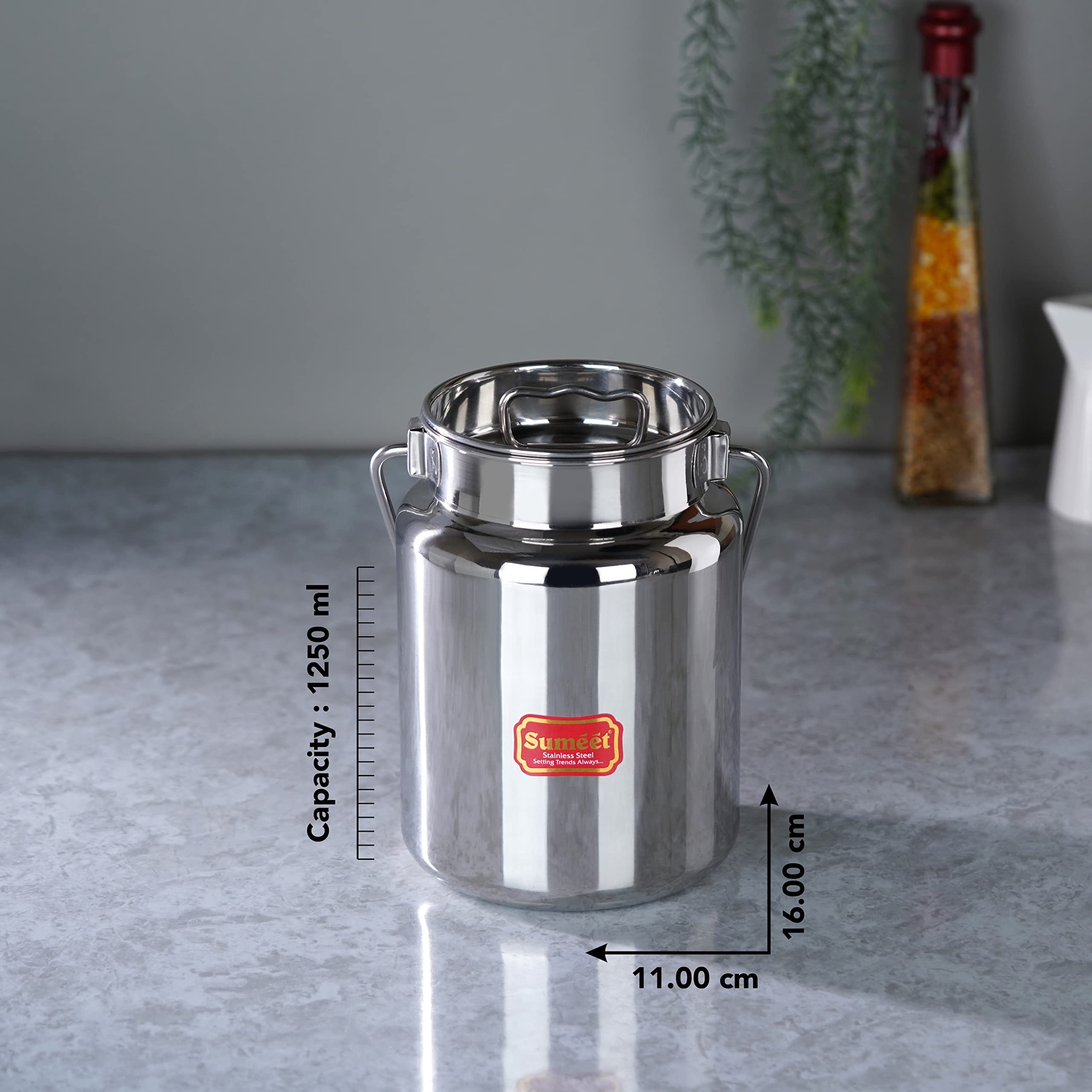 Sumeet Stainless Steel Akhand - Jointless Milk Can/Oil Can/Milk Barni/Oil Pot With Lid, 1250Ml Capacity, 11Cm Dia, Silver