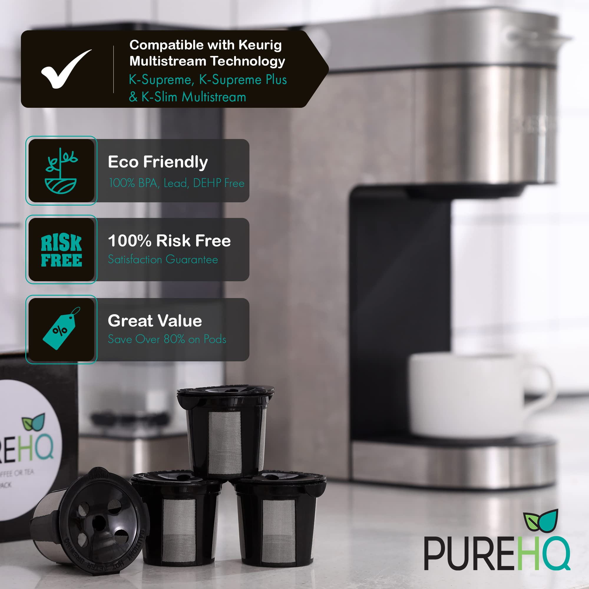 Reusable K Cups for Keurig Supreme  K Supreme Plus and K Slim by PureHQ - Refillable Kcup for Keurig Supreme Coffee Maker - MultiStream Coffee Pods Filter - 4 Pack