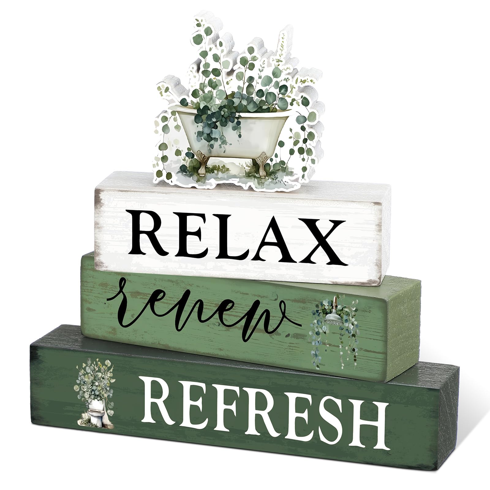 Cinnvoice 4 Pcs Eucalyptus Bathroom Decor Farmhouse Bathroom Decoration Relax Renew Refresh Table Centerpiece Gift for Christmas