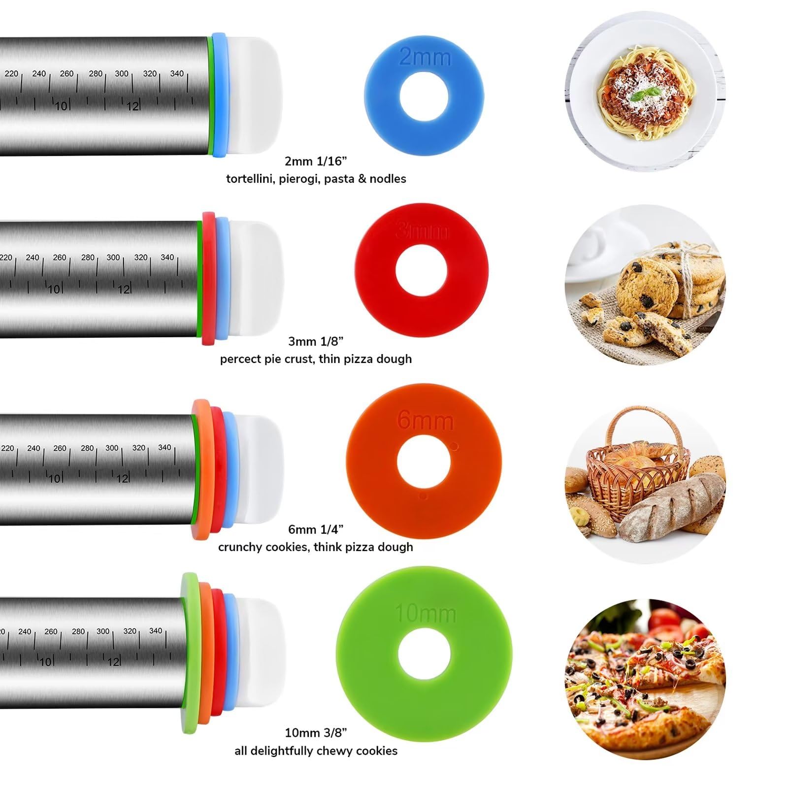 Stainless Steel Rolling Pin And Silicone Mat Set, Adjustable Thickness Rings - For Baking Dough, Pizza, Pies, Pastries, Pasta, C