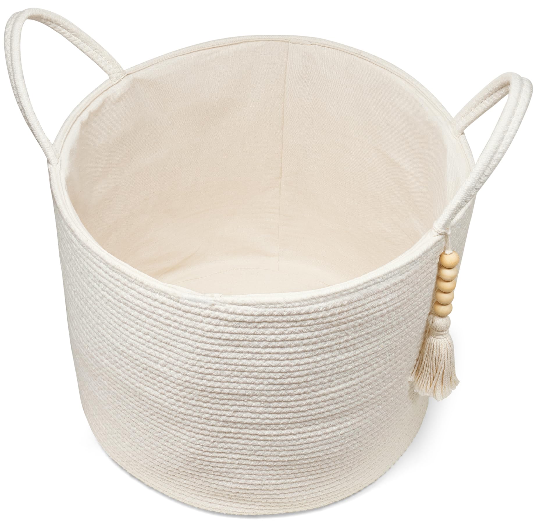 Mkono Tall Laundry Basket Woven Decorative Rope Storage Basket Wooden Bead Decoration For Blankets Toys Clothes Shoes Organizer