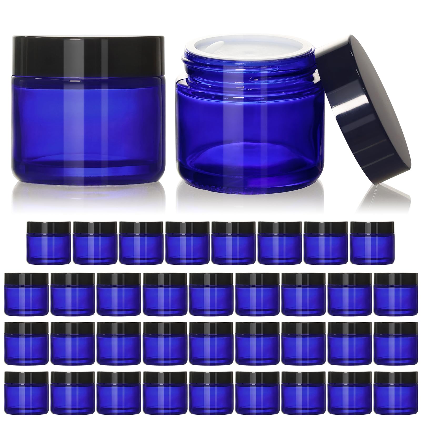 Keywing 2Oz Small Glass Jars With Black Lids, 35 Pack Blue Round Glass Cosmetic Jars With Inner Liners For Cream, Lotions, Powde