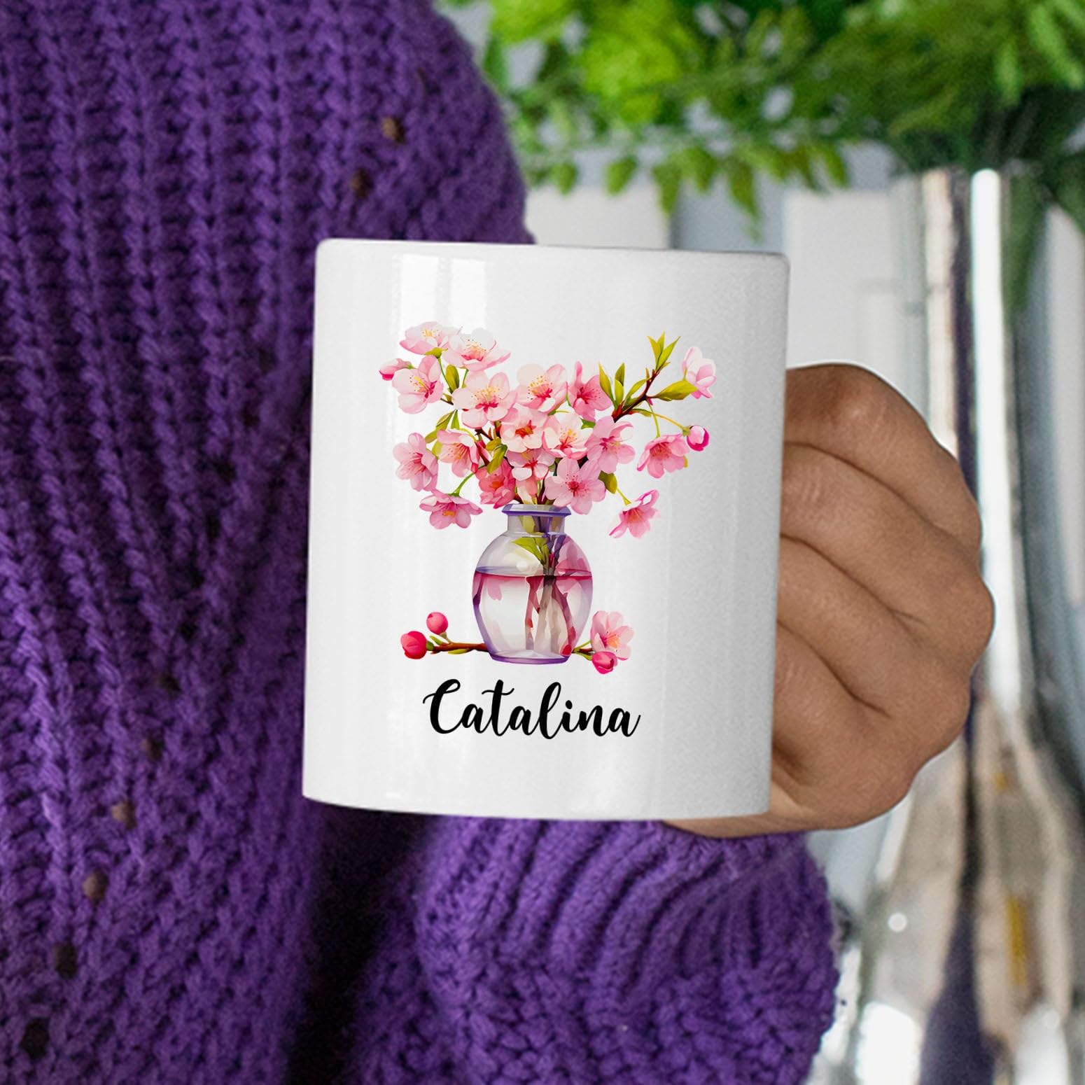 Cherry Blossom Gifts, Customized Cherry Blossom Coffee Cup with Name, Personalized Sakura Ceramic Mug for Women, Custom Cherry B