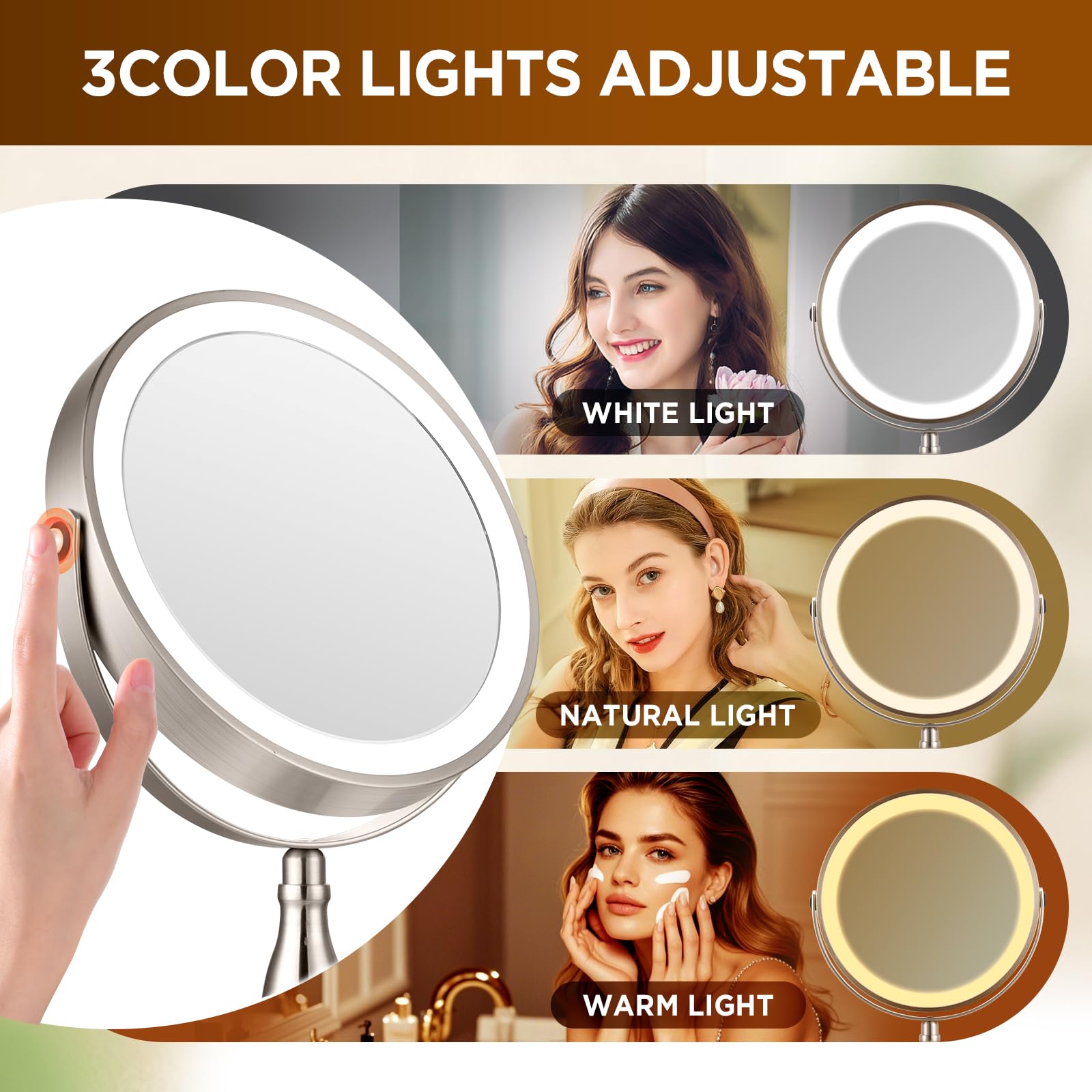 Makeup Mirror With Lighted, 30X Magnifying Mirror With 3 Lights Colors, Vanity Mirror Brushed Nickel - 360 Rotation, Brightness