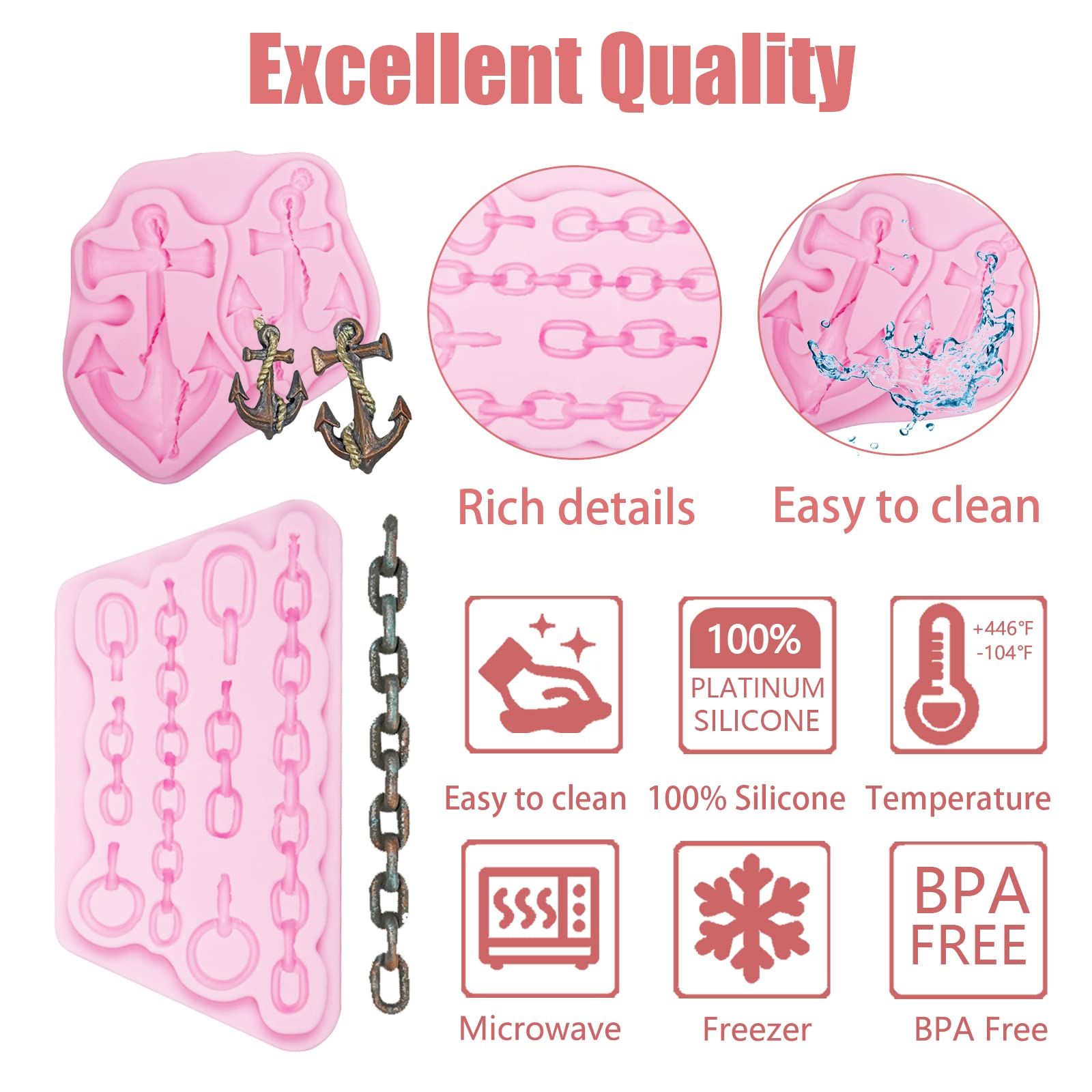 Rope Fondant Mold 3 Pcs, Rudder Anchor Ship Chain Pirate Chocolate Silicone Molds For Cake Decoration Candy Cupcake Topper Polym