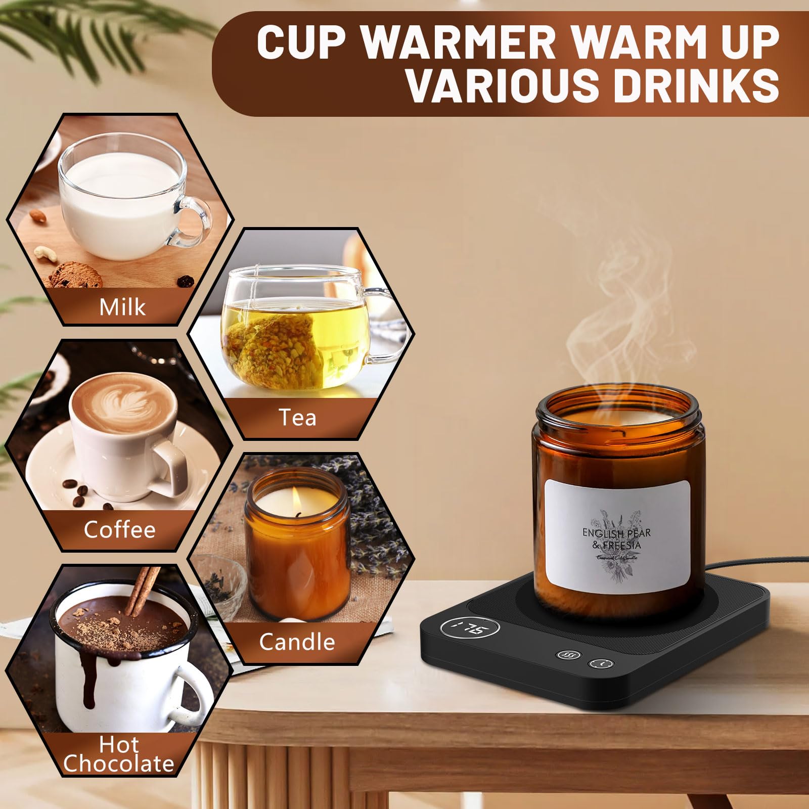 Wenvinda Mug Warmer - 3-Temperature Electric Coffee Warmer with Auto Shut Off, Digital Display, Black, Model K