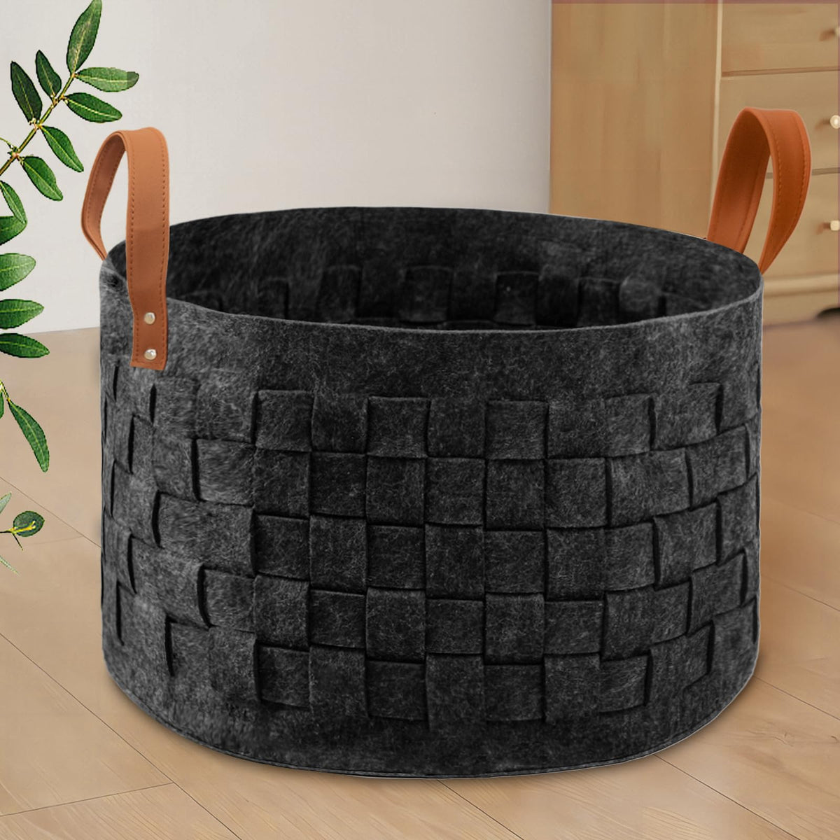 Boldmonkey Laundry Basket 20'' X20 X11.8, Large Round Blanket Basket With Leather Handle, Felt Storage Basket For Living Room, N