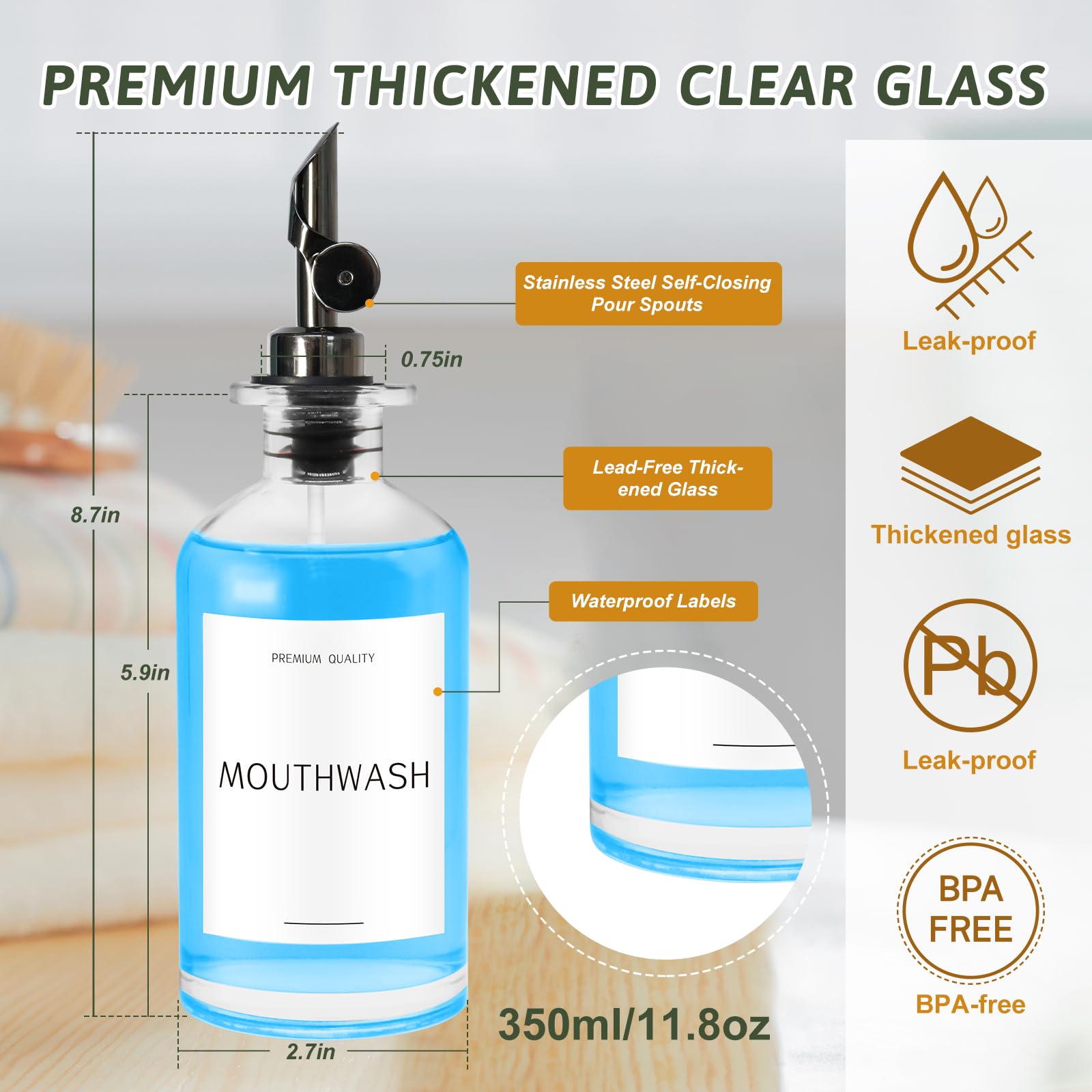 Mouthwash Dispenser For Bathroom, Clear Glass Mouth Wash Container With Stainless Steel Pour Spout, Refillable Mouthwash Bottle