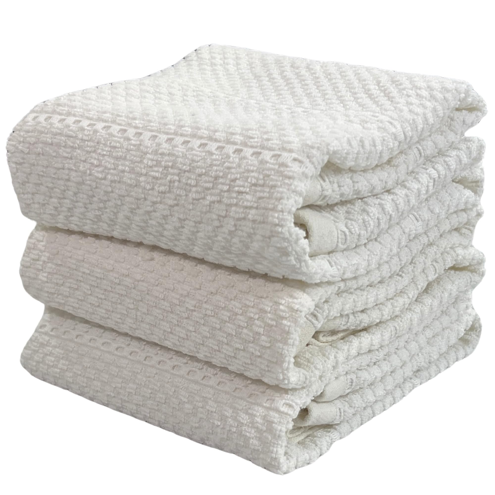 White Kitchen Hand Dish Towels: 100% Cotton Cloth Soft Cleaning Drying Absorbent Textured Terry Loop, Set Of 3 Multipurpose For
