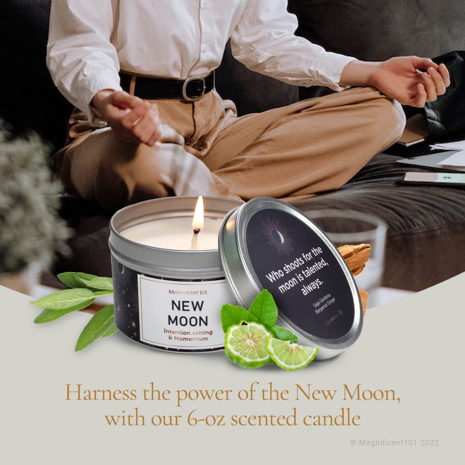 Magnificent 101 Long Lasting New Moon Aromatherapy Candle | 6 Oz - 35 Hour Burn Time | All Natural Soy Wax Candle with Sage, San
