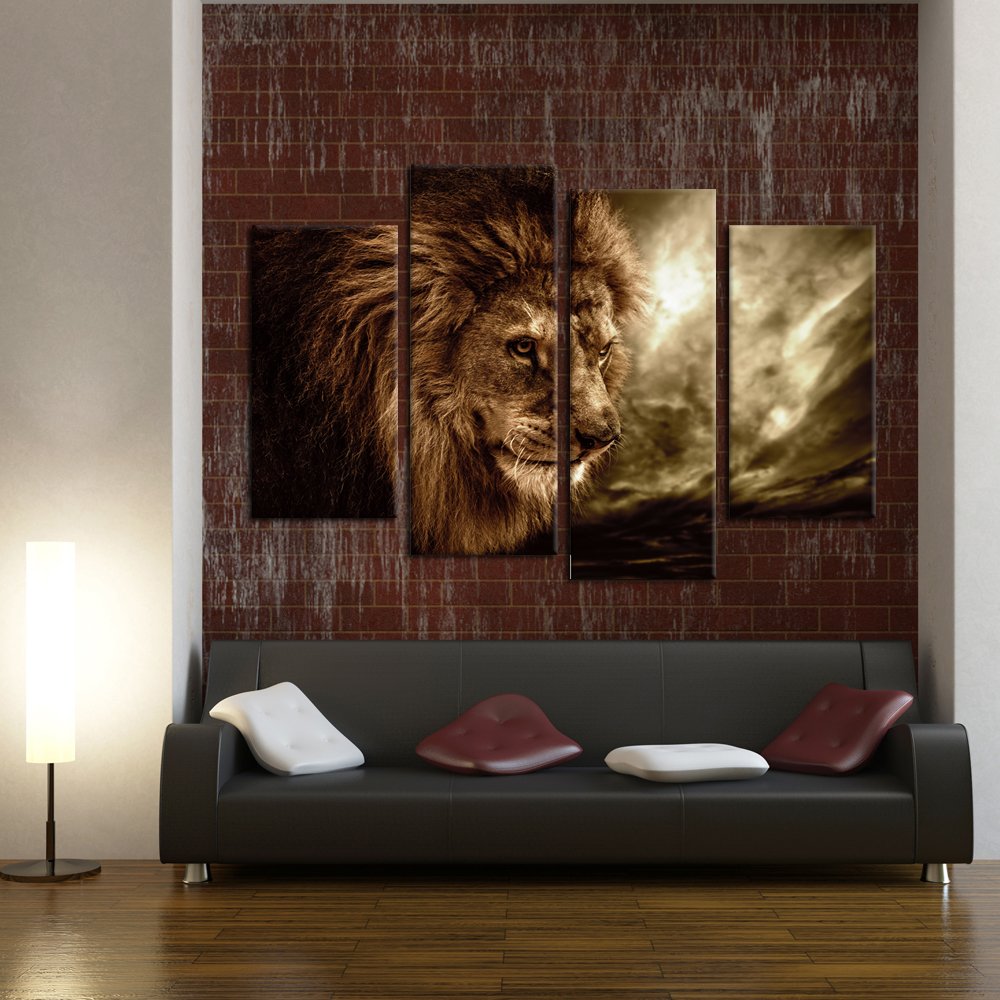 Kreative Arts - Lion Wall Art Canvas Painting Framed and Ready to Hang 4 Panels Large Contemporary Pictures Abstract Lion Canvas Prints for Home Living Room Bedroom Decoration