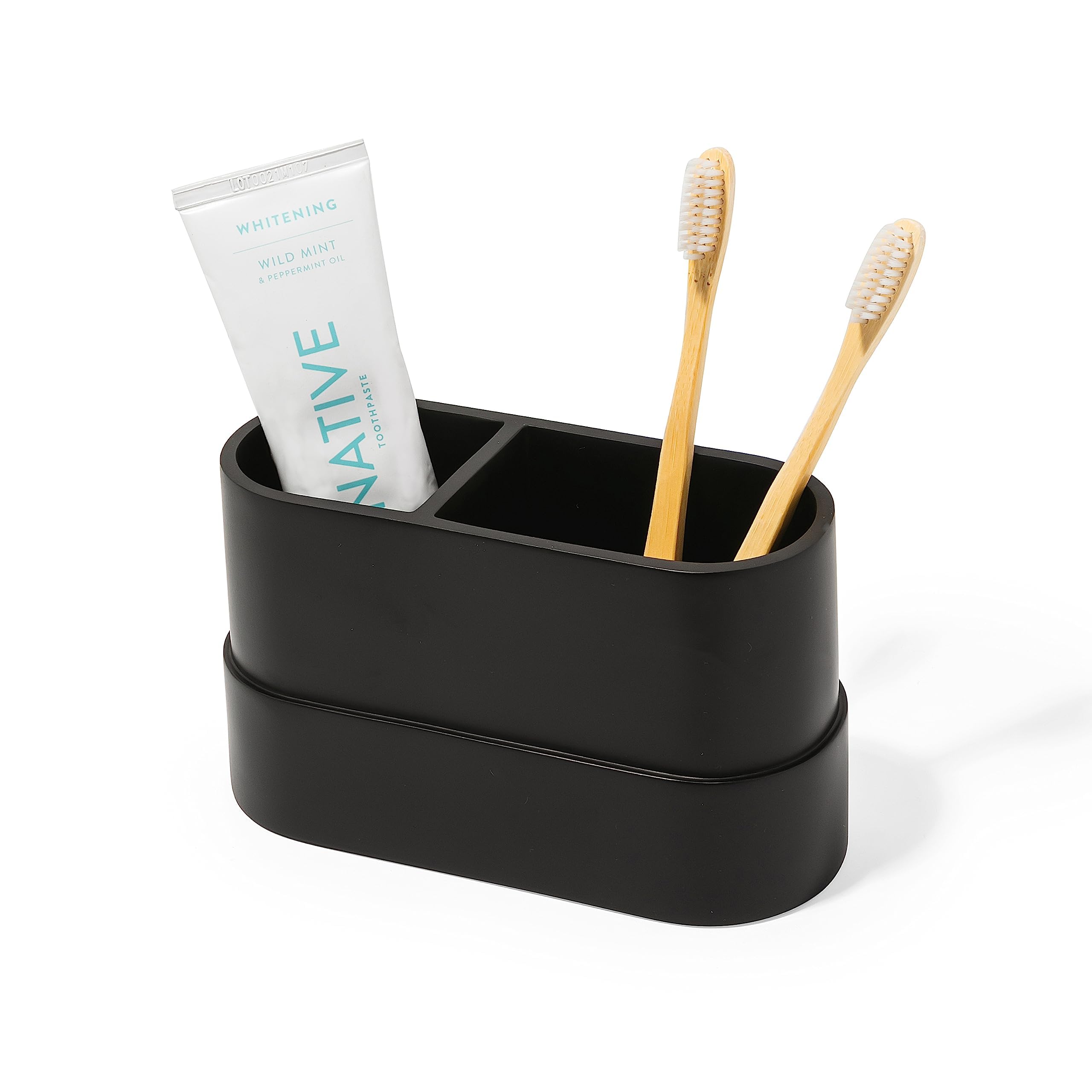 Yew Design Matte Black Large Toothbrush And Toothpaste Holder For Bathroom Vanity And Countertop, 2 Compartments Round Organizer