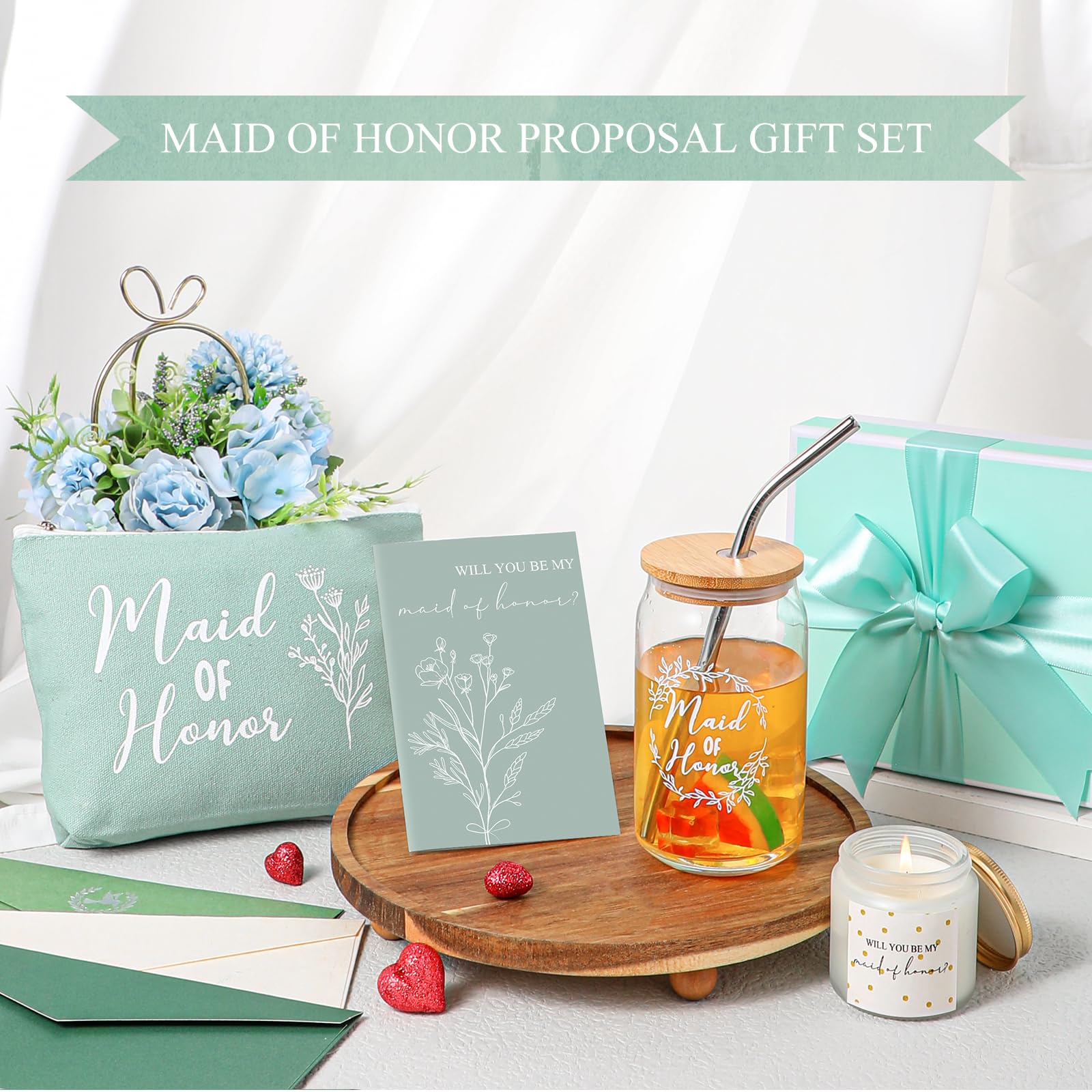 Inbagi Maid of Honor Gifts Box Set of 5 Includes Glass Cup with Lid and Straw Makeup Bag Sage Scented Candle Wedding Invitation
