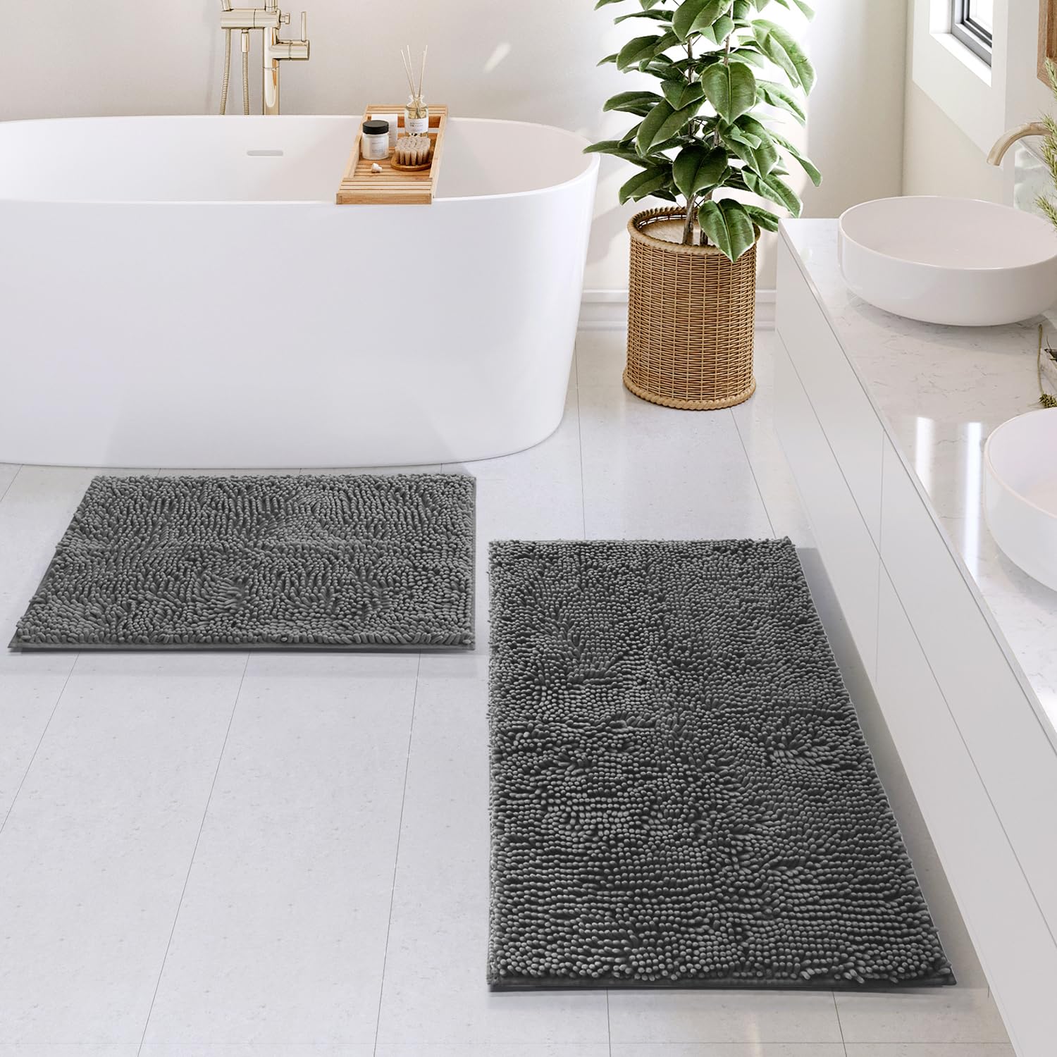 Hearth & Harbor Bathroom Rug Set, 2 Piece Chenille - Grey, Quick Dry, Non-Slip, Machine Washable - Bath Mat Size 17X24, 20X32 In