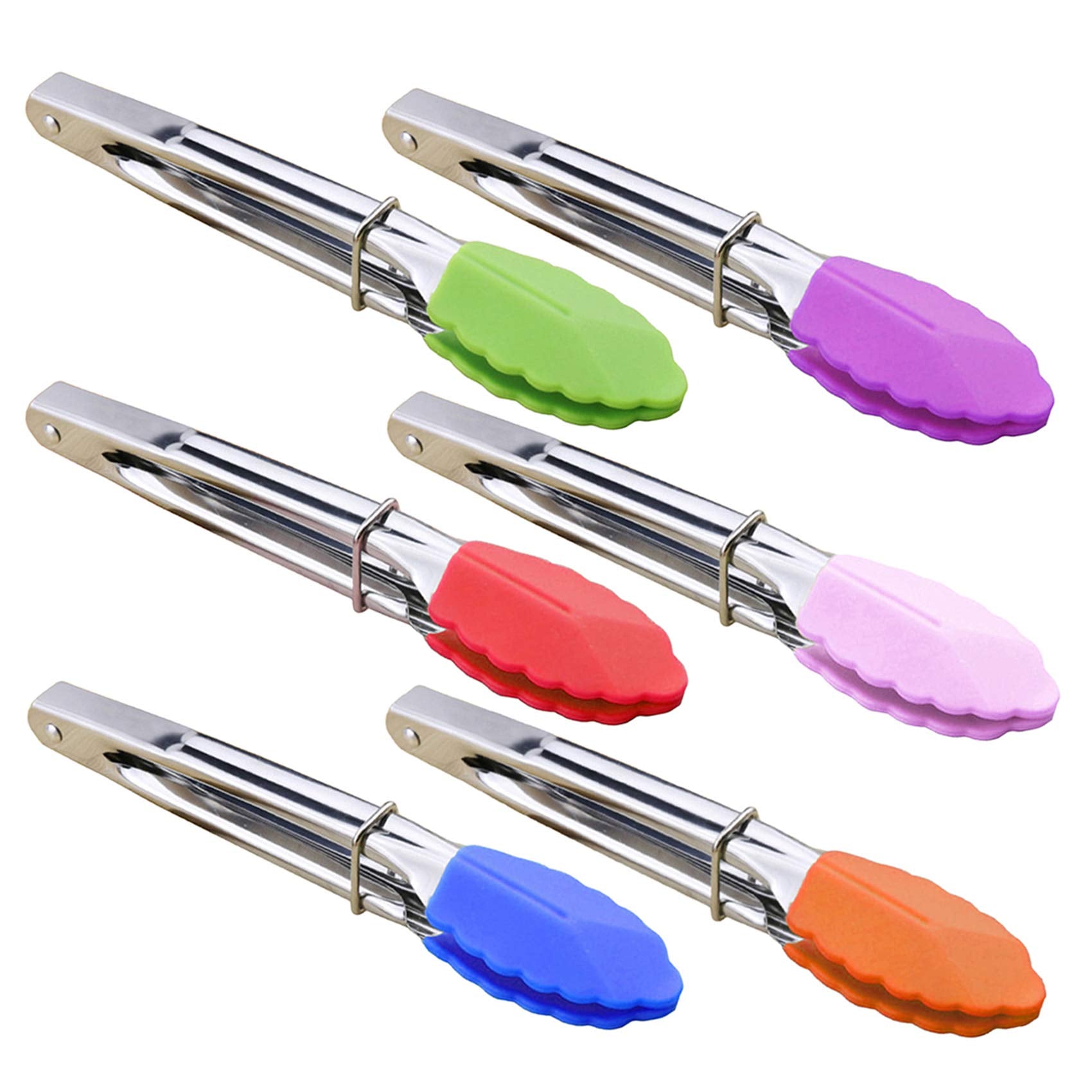 Hinmay Colorful Mini Tongs Set 7-Inch Silicone Tongs With Sliding Rings, Set Of 6 (Green Red Blue Purple Pink Orange)
